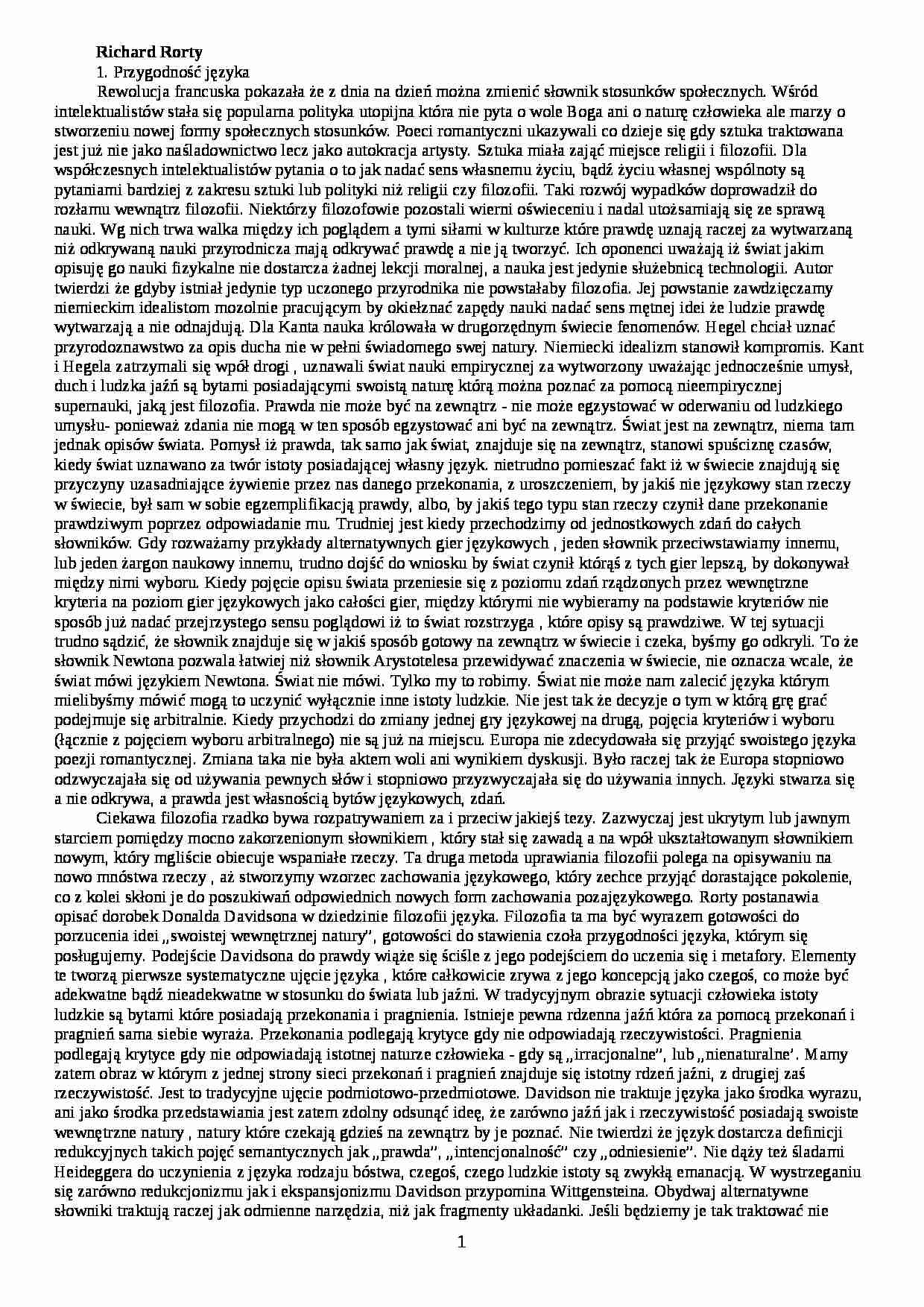 Rorty - Przygodność, ironia,    solidarność - omówienie - strona 1