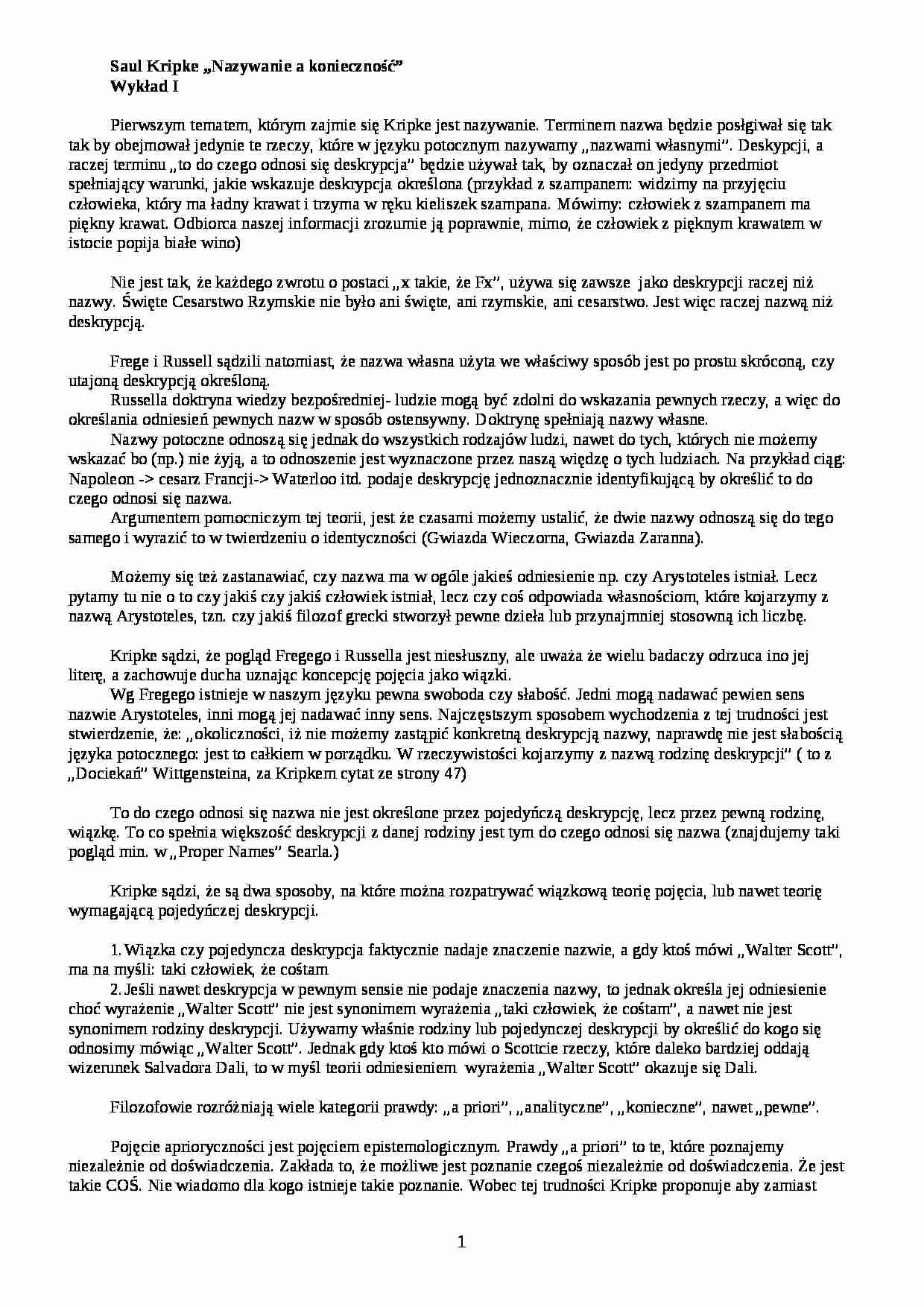 Saul Kripke - Nazywanie a  konieczność - omówienie - strona 1