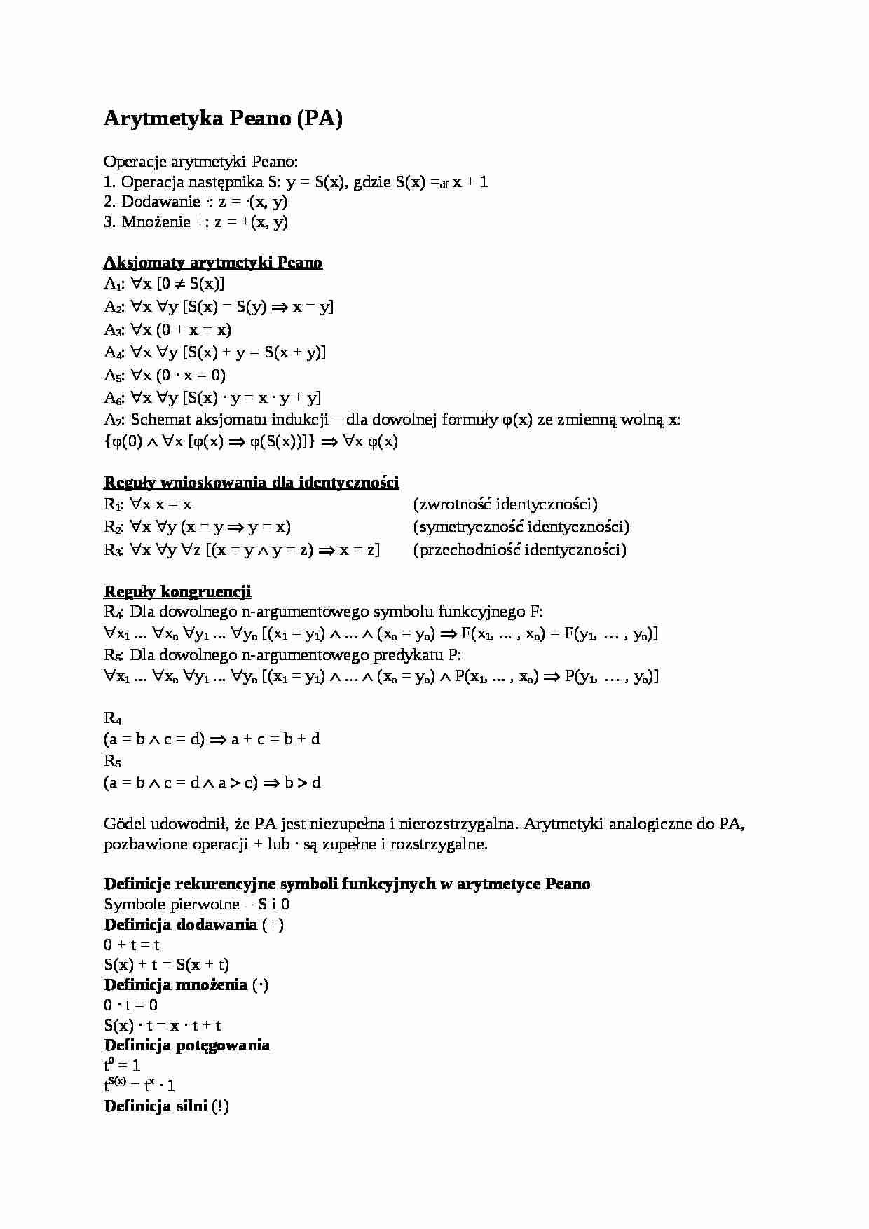 Arytmetyka Peano - omówienie - strona 1