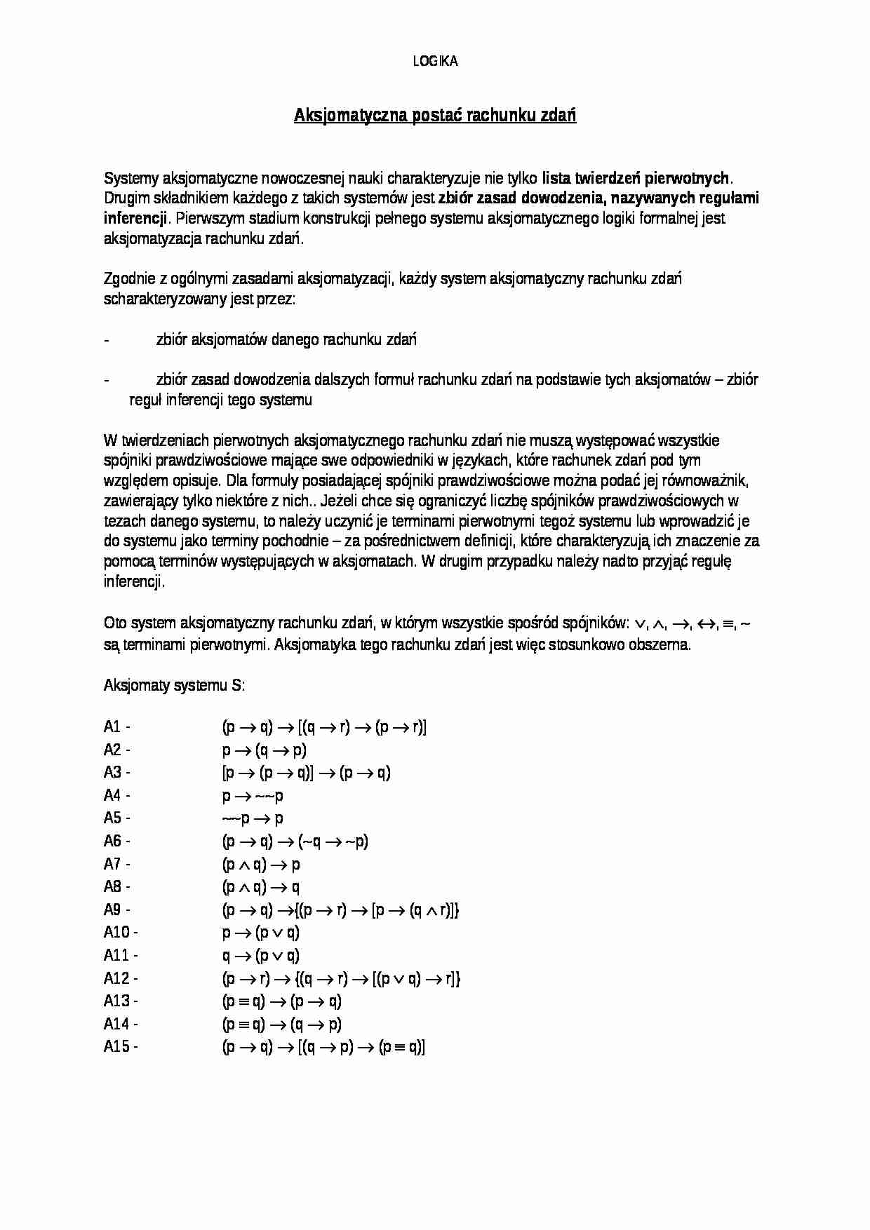Aksjomatyczna postać rachunku zdań - omówienie - strona 1