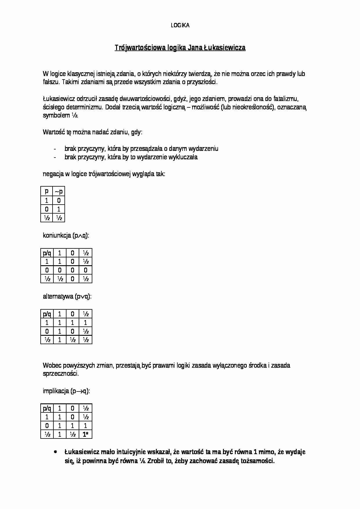 Trójwartościowa logika Jana Łukasiewicza - omówienie - strona 1