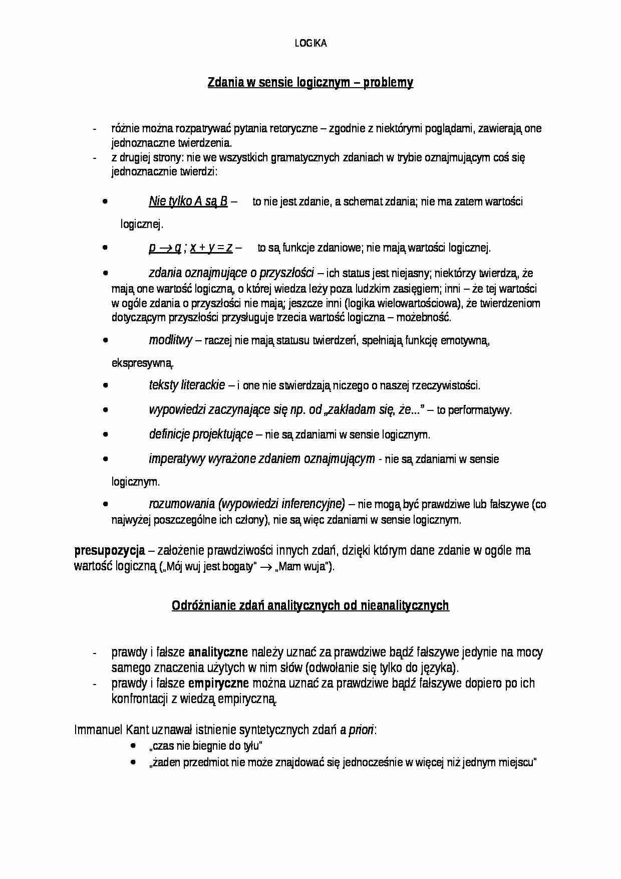 Zdania w sensie logicznym - problemy - omówienie - strona 1
