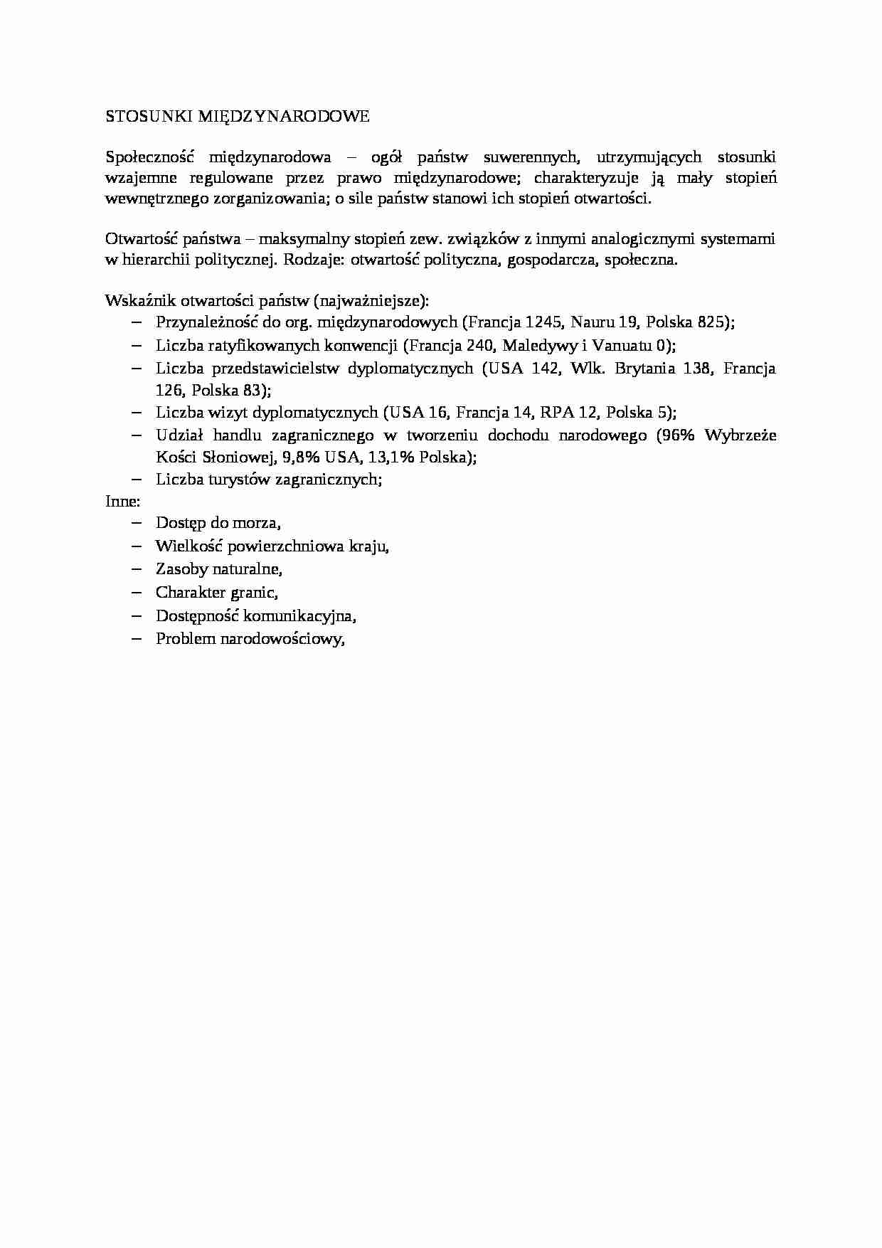 Stosunki międzynarodowe- opracowanie - strona 1