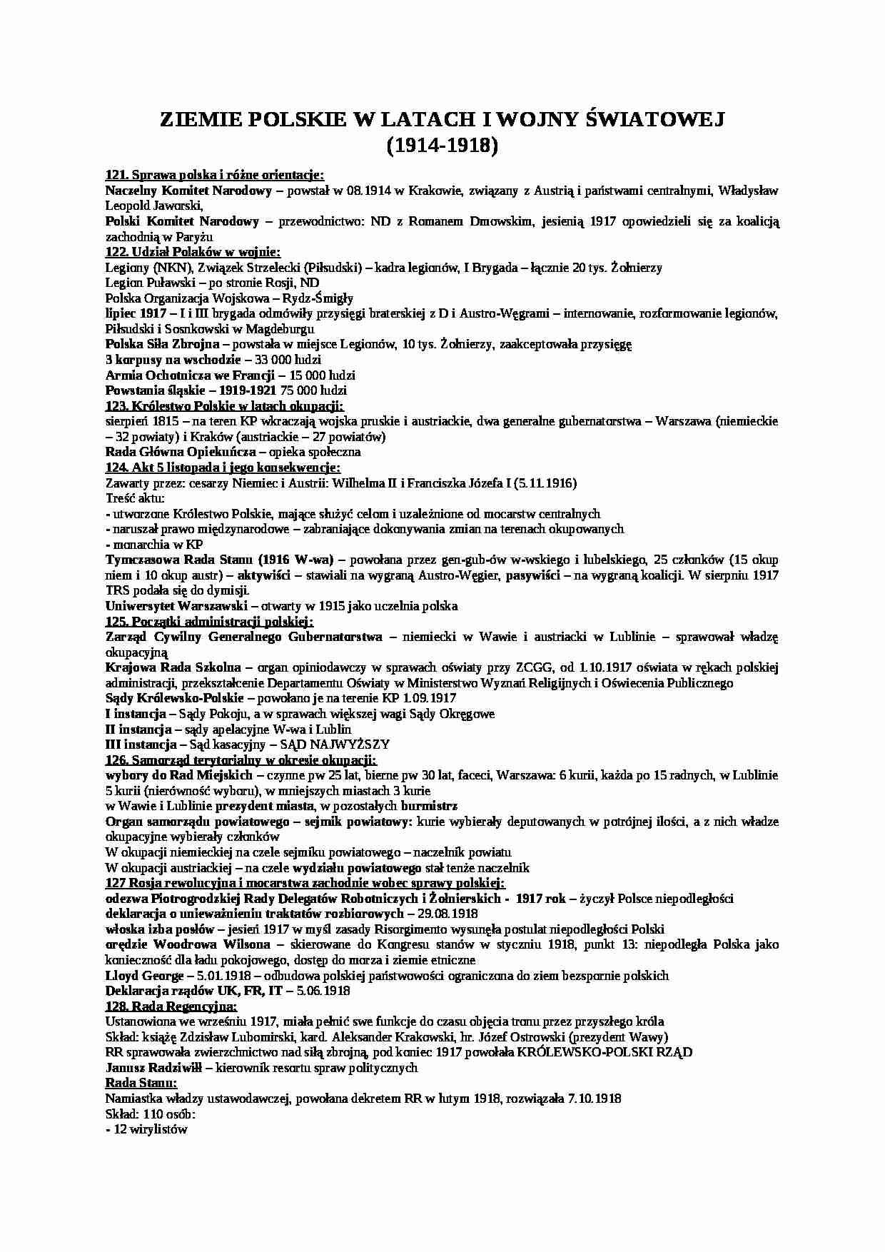 Ziemie Polskie w latach I wojny świaowej- opracowanie - strona 1