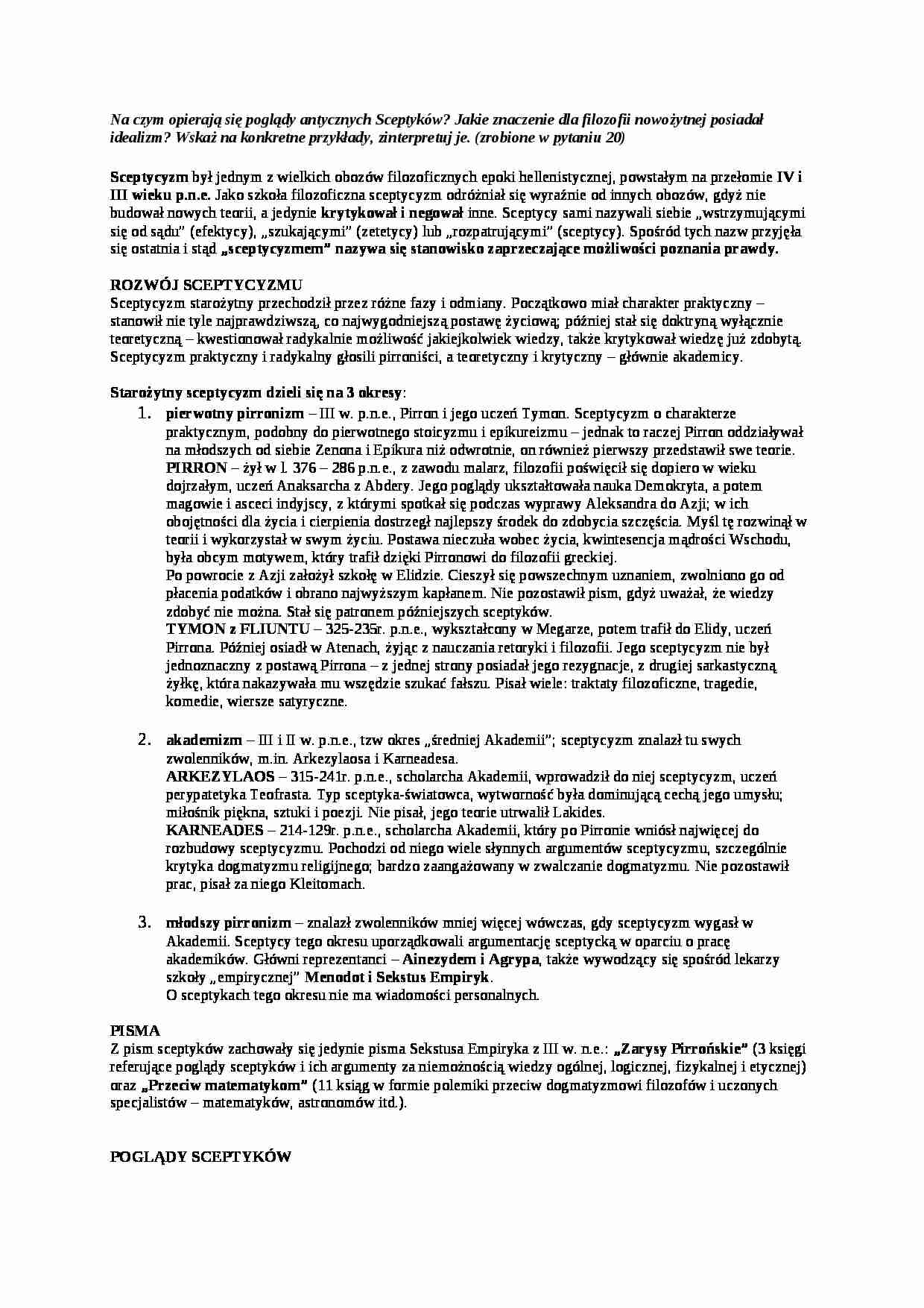 Na czym opierają się poglądy antycznych Sceptyków- opracowanie - strona 1