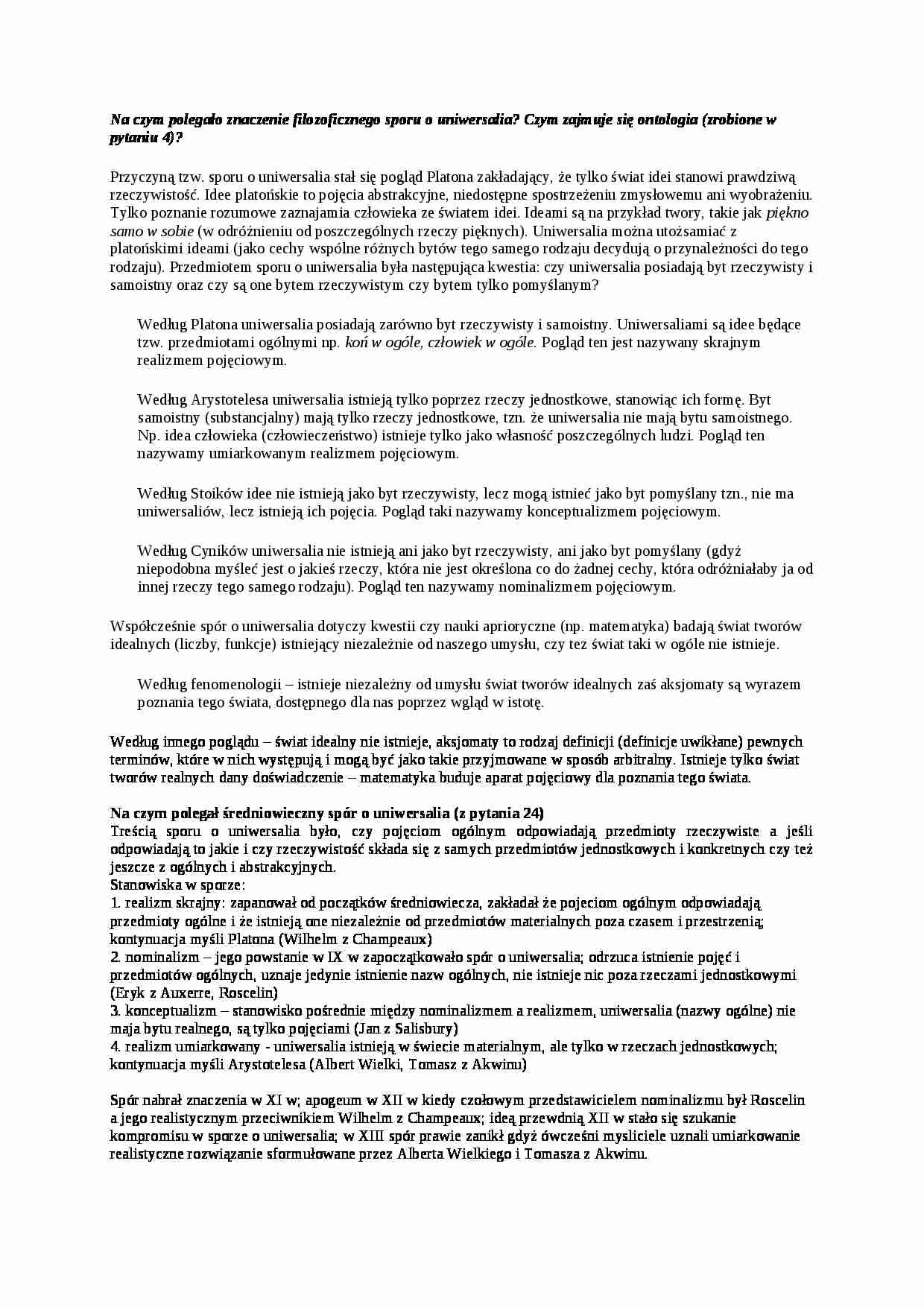 Na czym polegało znaczenie filozoficznego sporu o uniwersalia- opracowanie - strona 1
