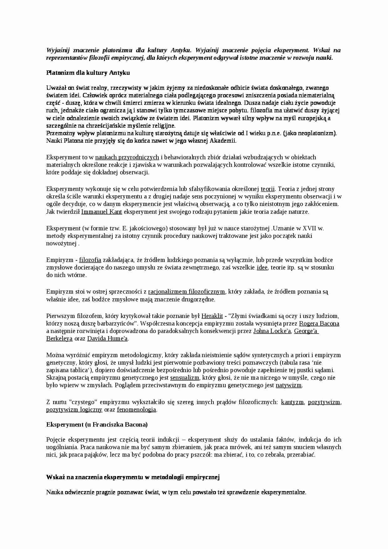 Znaczenie platonizmu dla kultury Antyku- opracowanie - strona 1