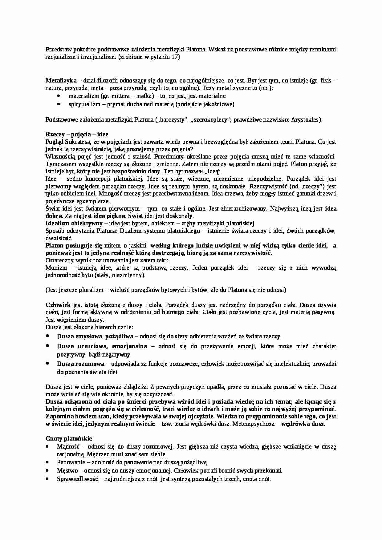 Przedstaw pokrótce podstawowe założenia metafizyki Platona- opracowanie - strona 1
