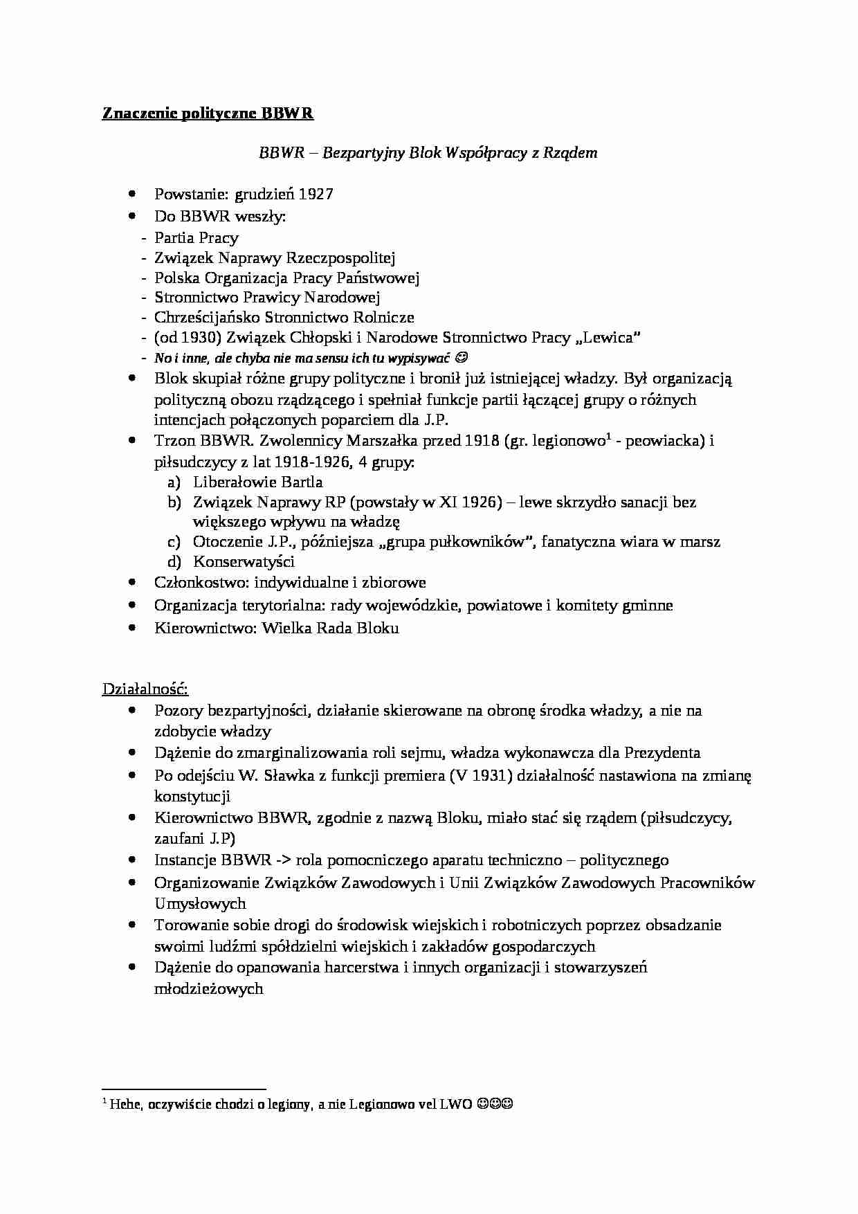 Znaczenie polityczne BBWR- opracownaie - strona 1