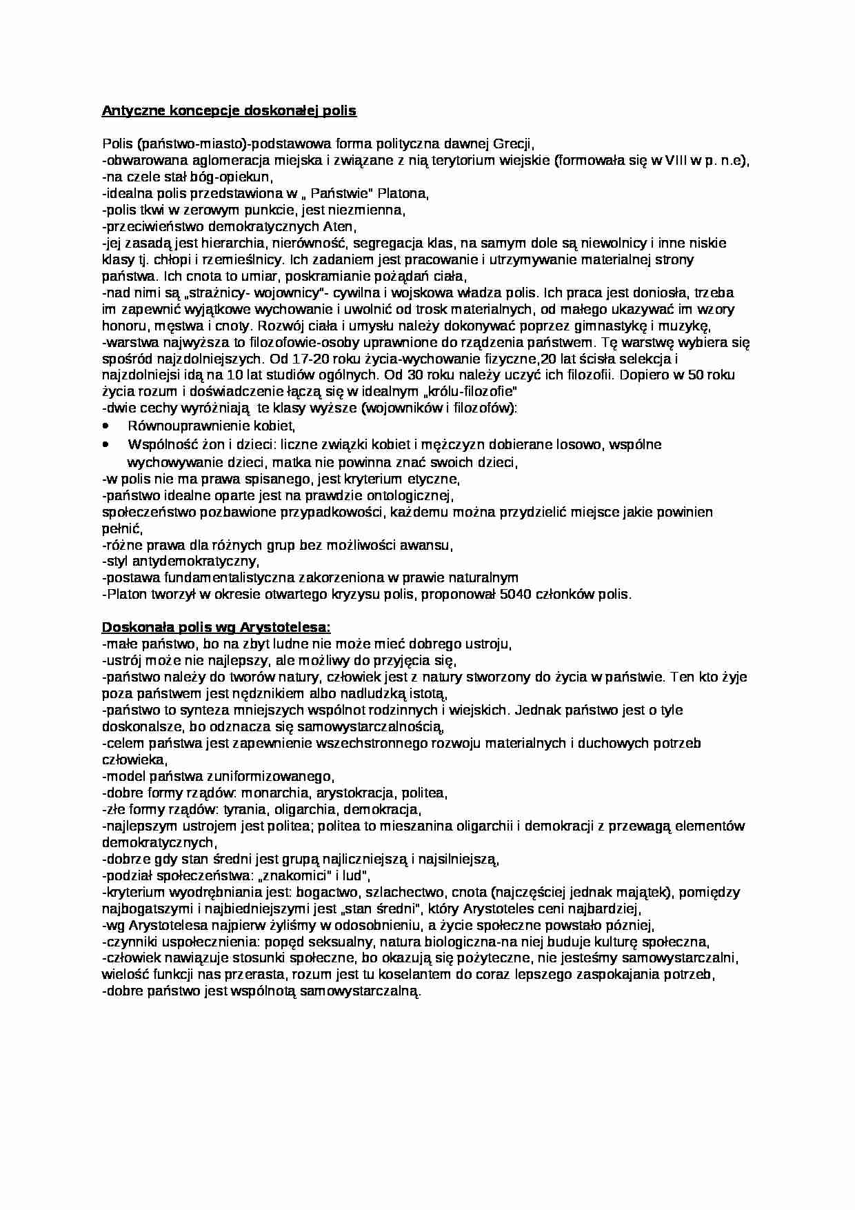 Antyczne koncepcje doskonałej polis- opracowanie - strona 1