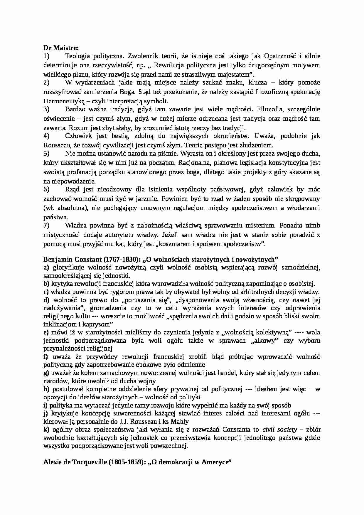 De Maistre, Tocqueville- opracowanie - strona 1