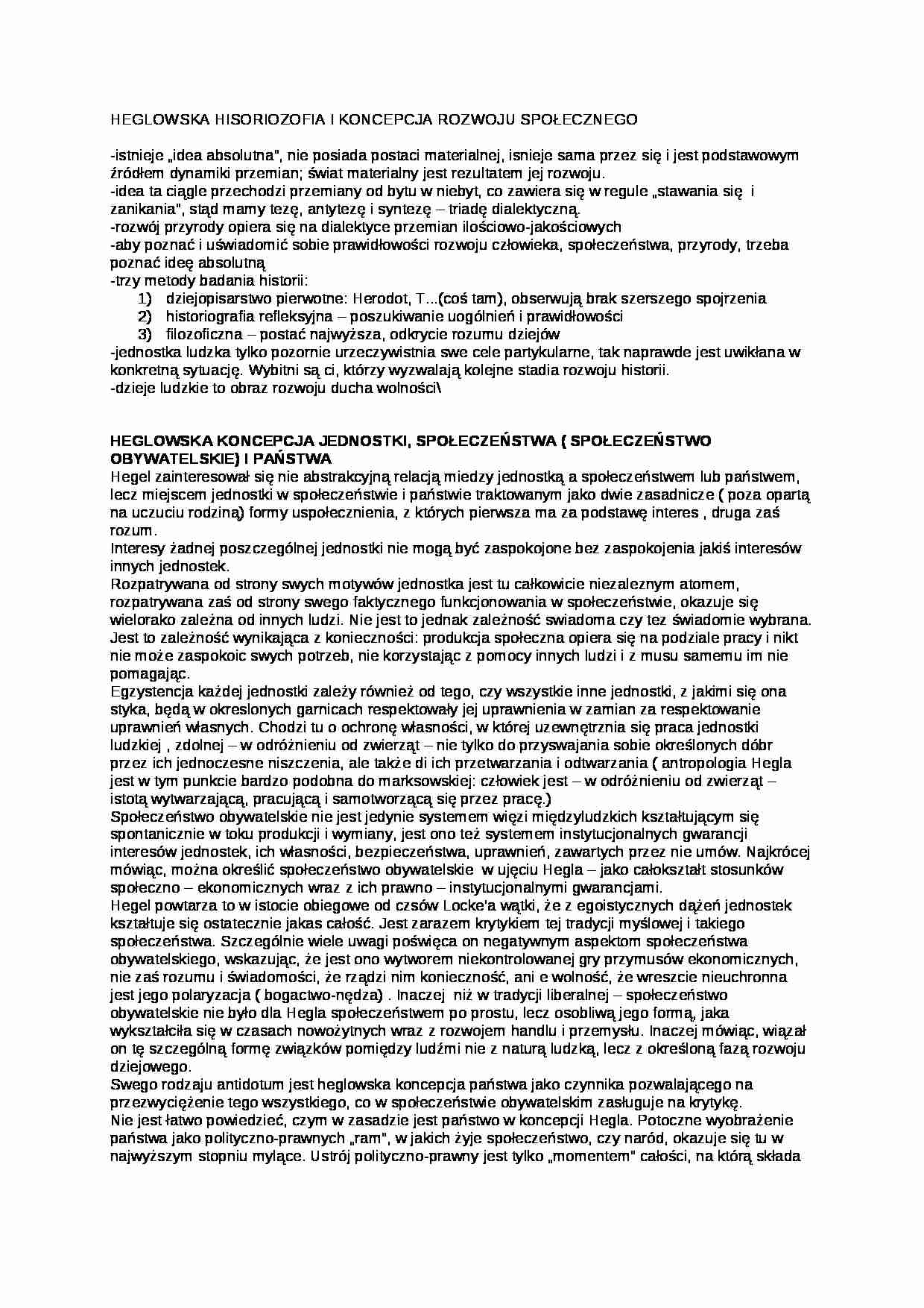Heglowska hisoriozofia i koncepcja rozwoju społecznego- opracowanie - strona 1