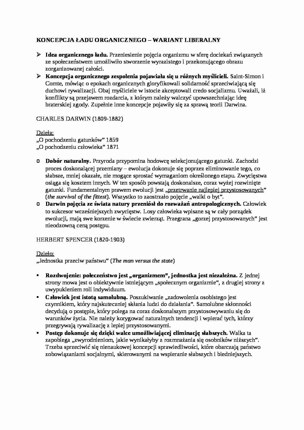 Koncepcja ładu organicznego (Darwin, Spencer)- opracowanie - strona 1
