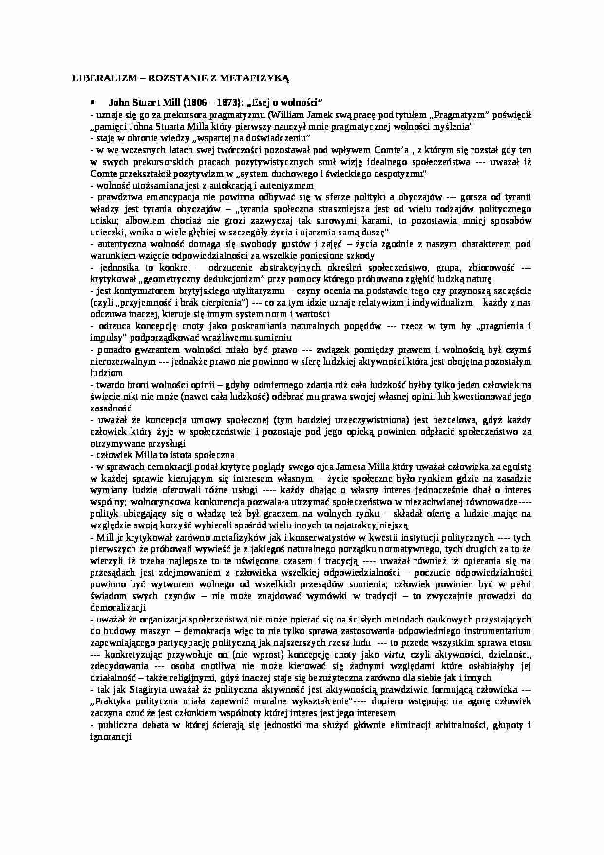 Liberalizm- opracowanie - John Stuart Mill  - strona 1