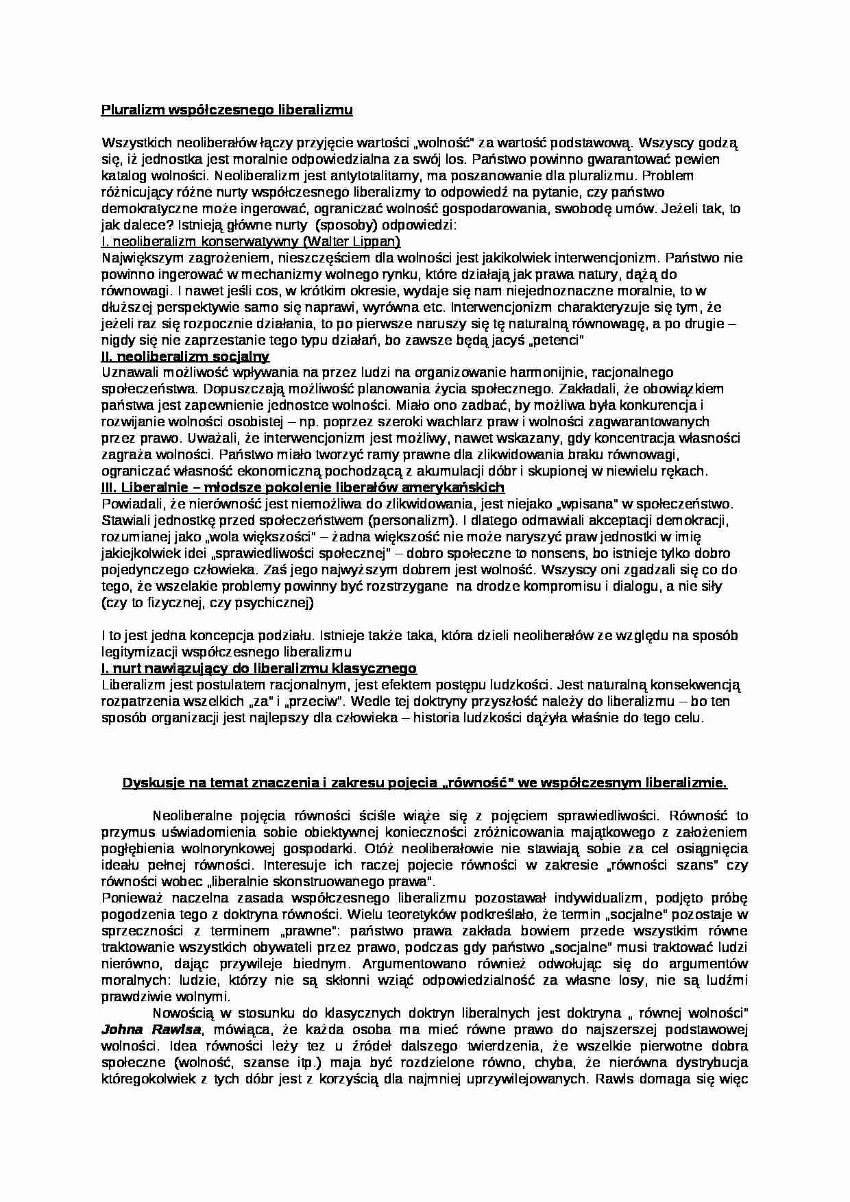 Pluralizm współczesnego liberalizmu- opracowanie - strona 1