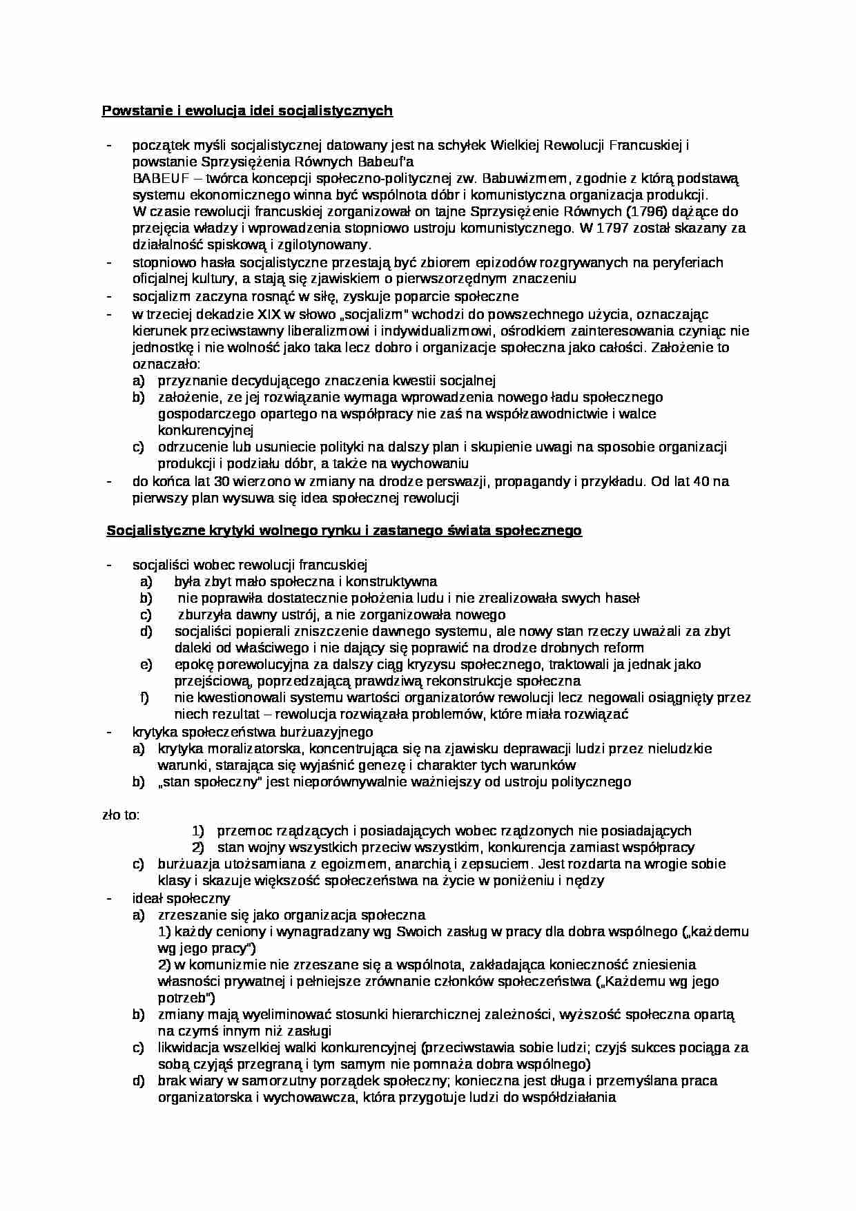 Powstanie i ewolucja idei socjalistycznych- opracowanie - strona 1