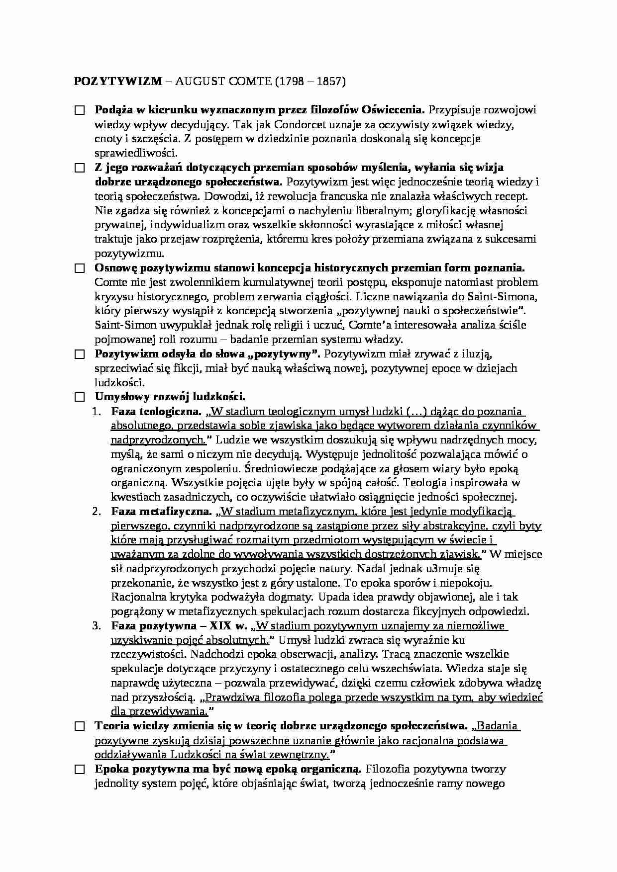 Pozytiwizm (Comte)- opracowanie - strona 1
