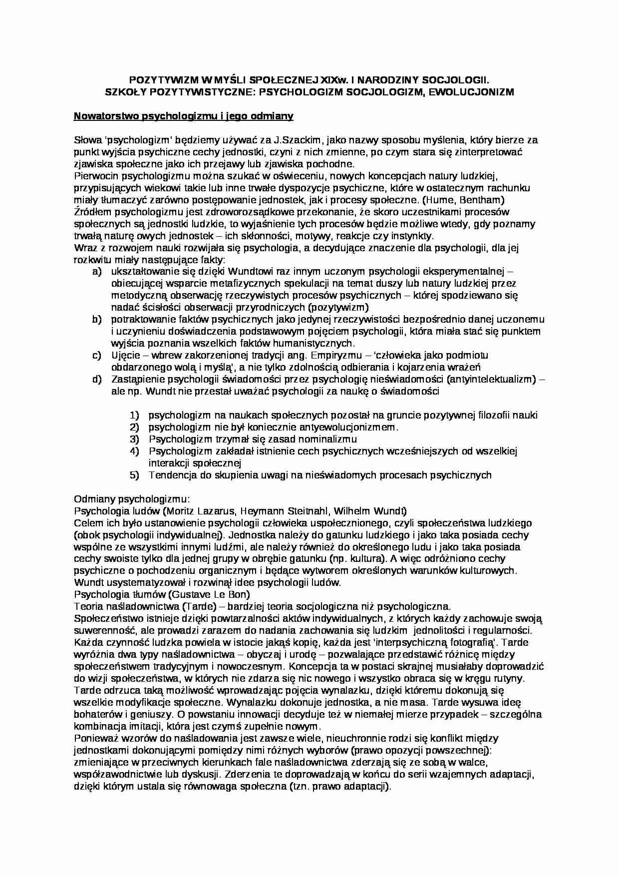 Pozytywizm w myśli społecznej XIX w.- narodziny socjologii - strona 1