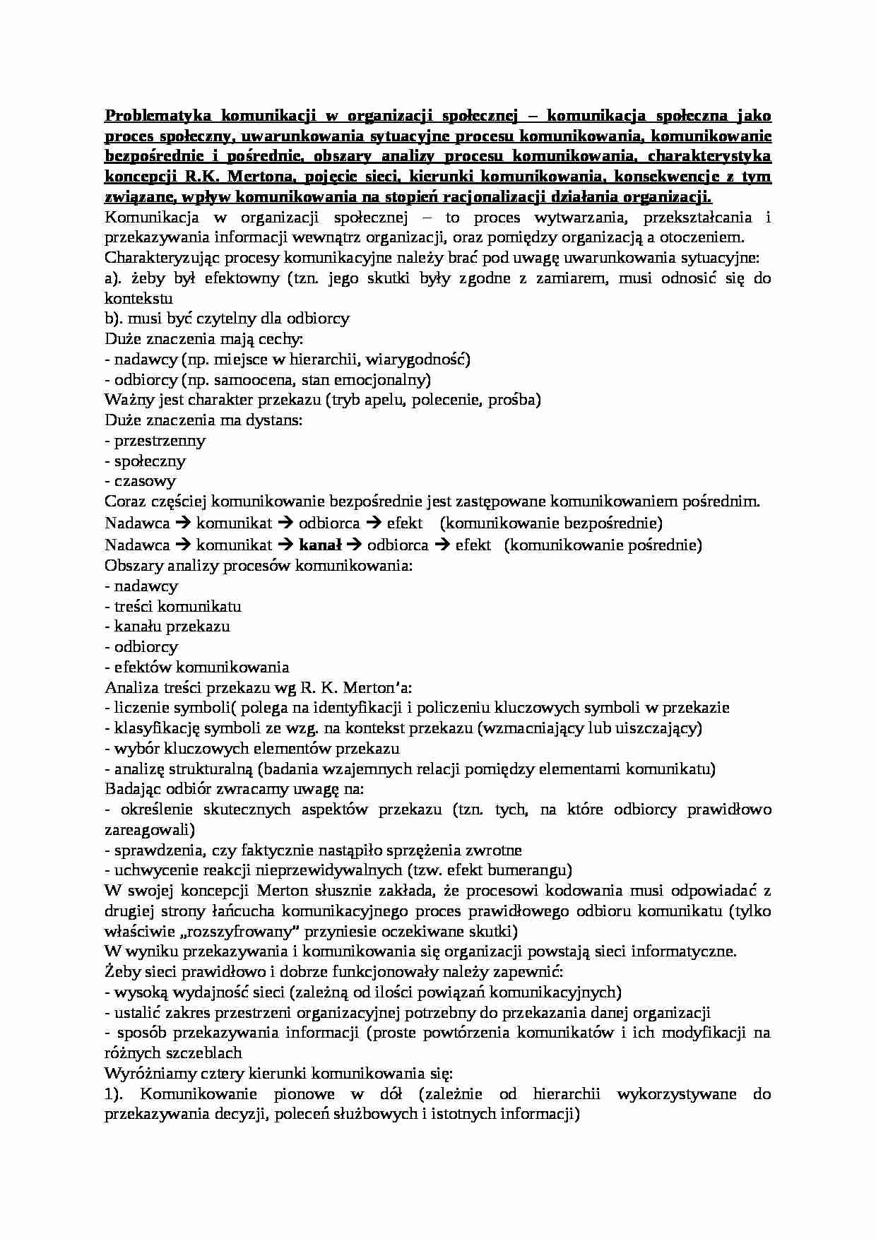 Problematyka komunikacji w organizacji społecznej- opracowanie - strona 1