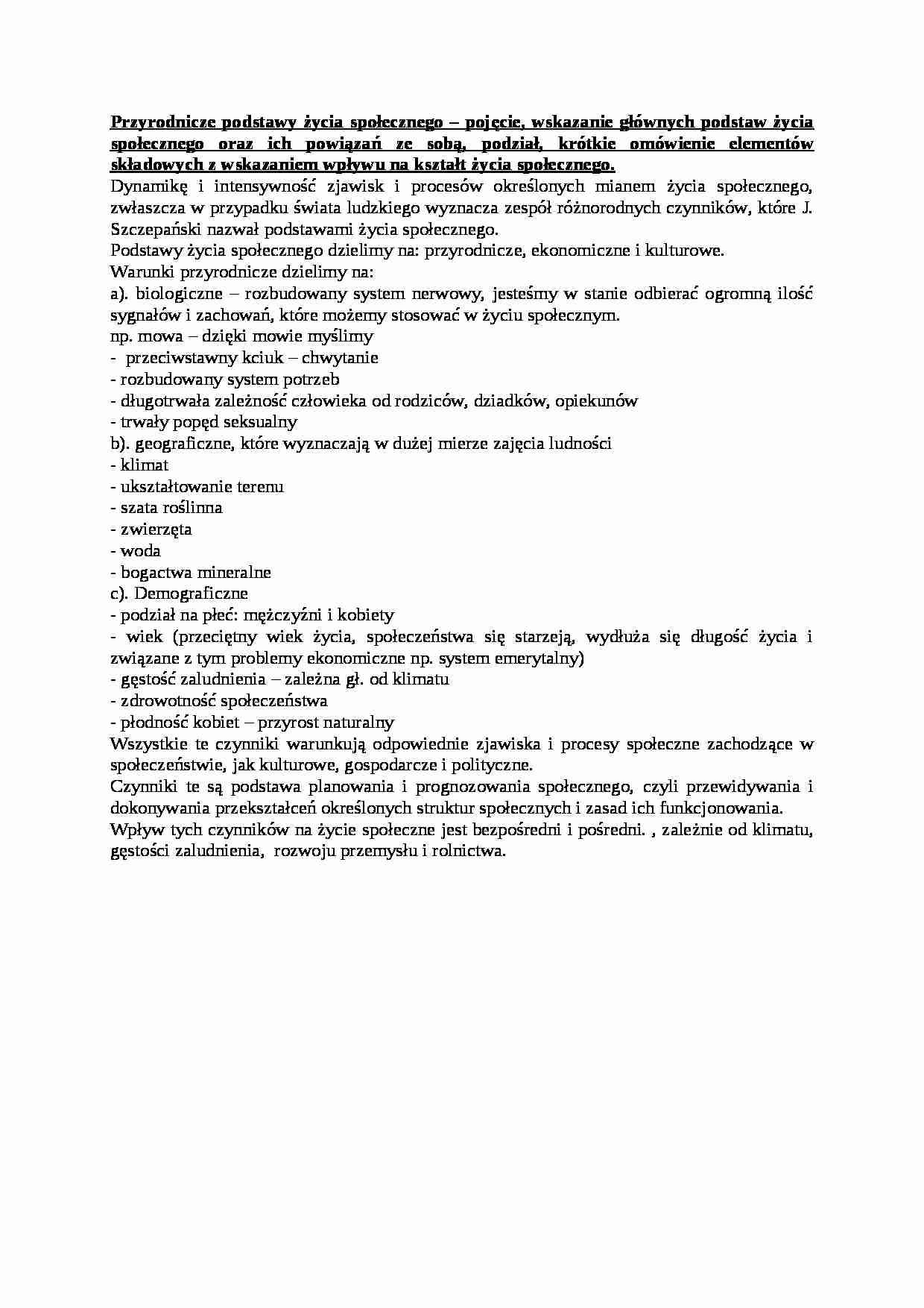 Przyrodnicze podstawy życia społecznego- opracowanie - strona 1