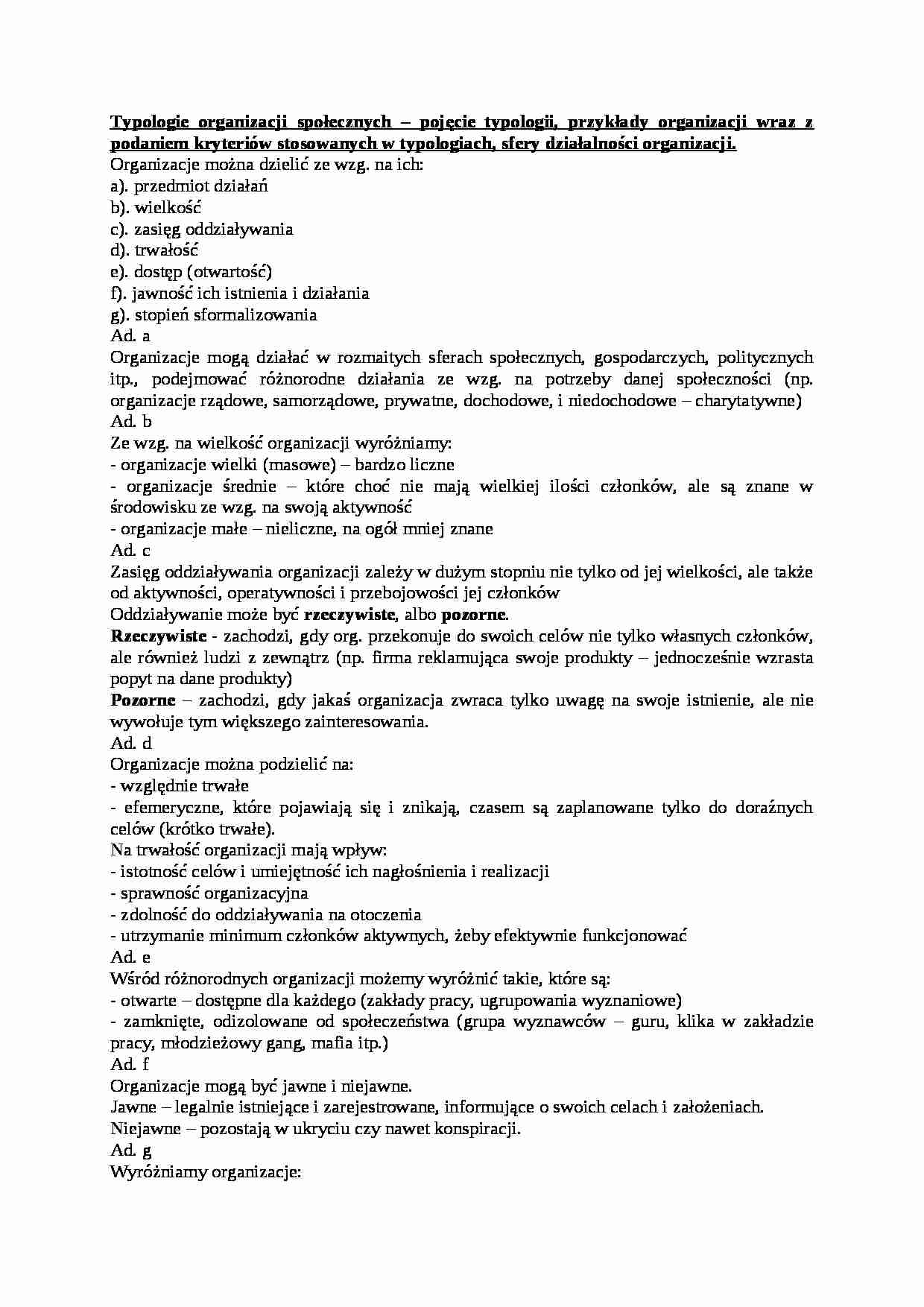 Typologie organizacji społecznych- opracowanie - strona 1