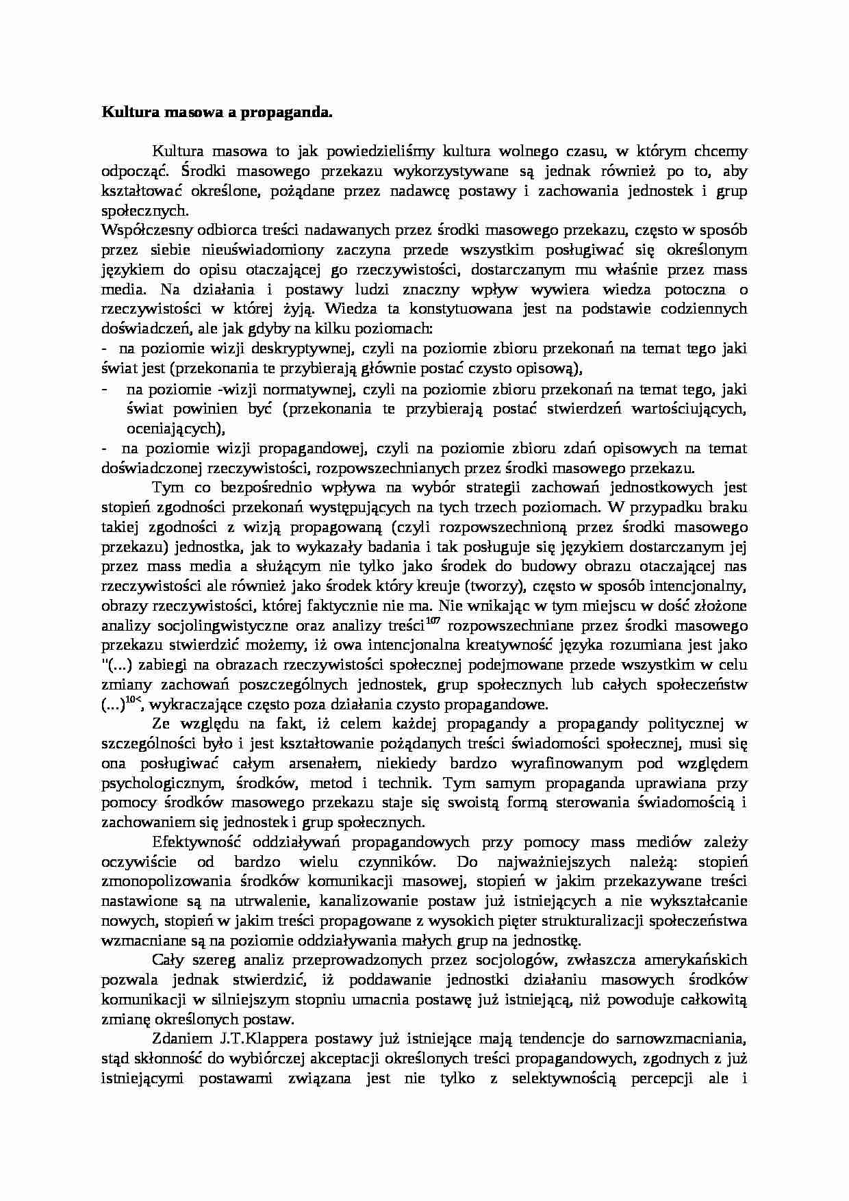 Kultura masowa a propaganda- opracowanie - strona 1