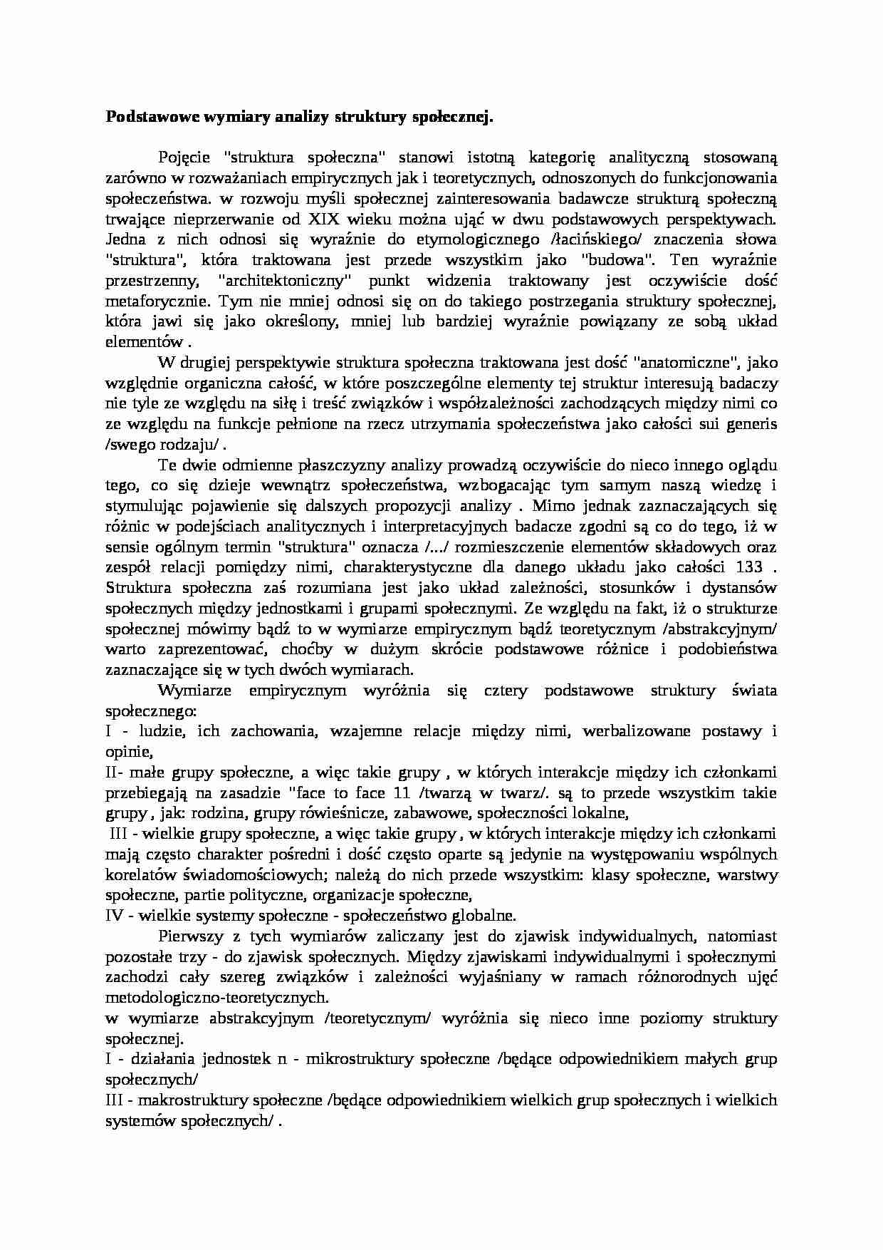Podstawowe wymiary analizy struktury społecznej- opracowanie - strona 1
