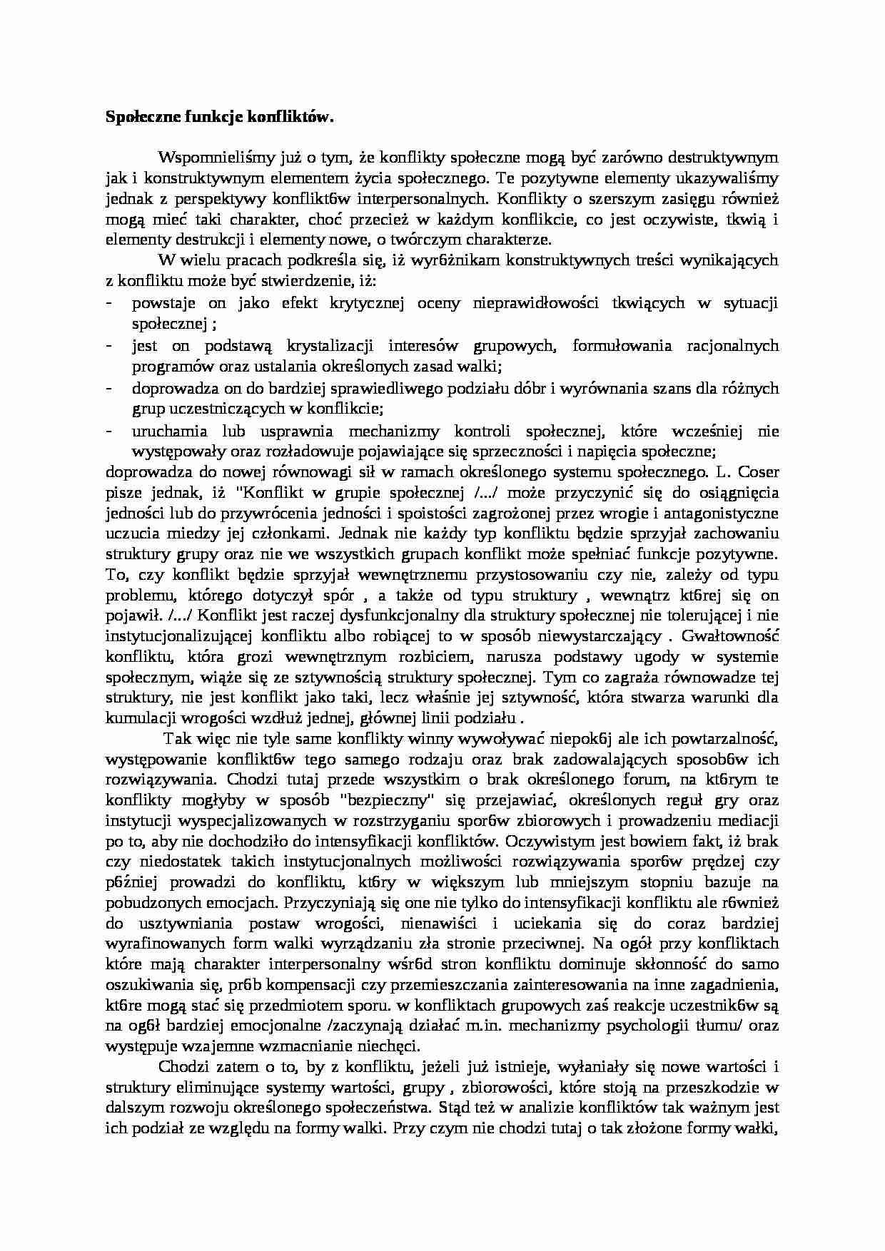 Społeczne funkcje konfliktów- opracowanie - strona 1