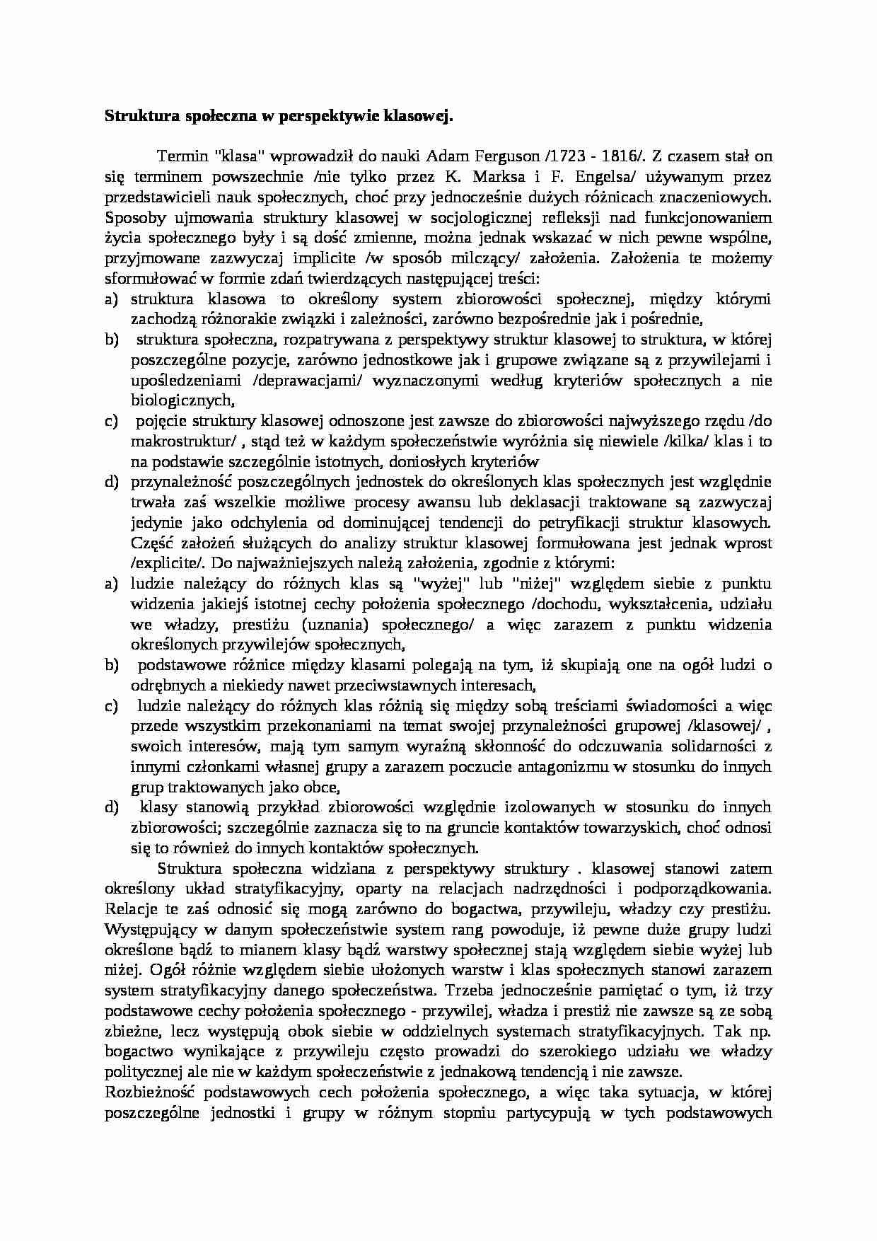 Struktura społeczna w perspektywie klasowej- opracowanie - strona 1