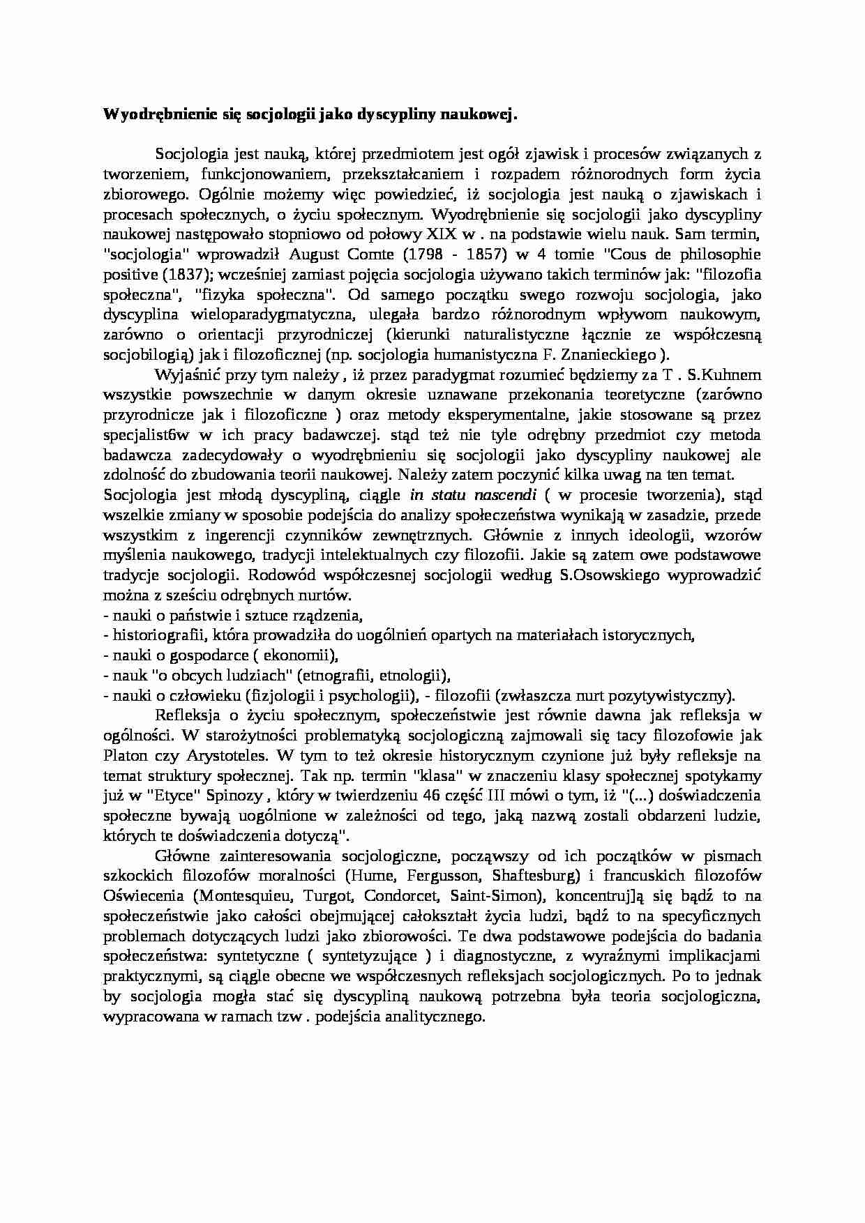 Wyodrębnienie się socjologii jako dyscypliny naukowej- opracowanie - strona 1