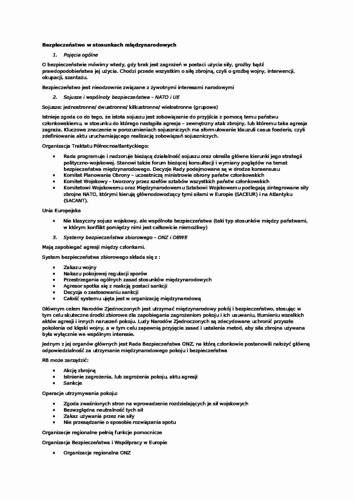 Bezpieczeństwo w stosunkach międzynarodowych- opracowanie - strona 1