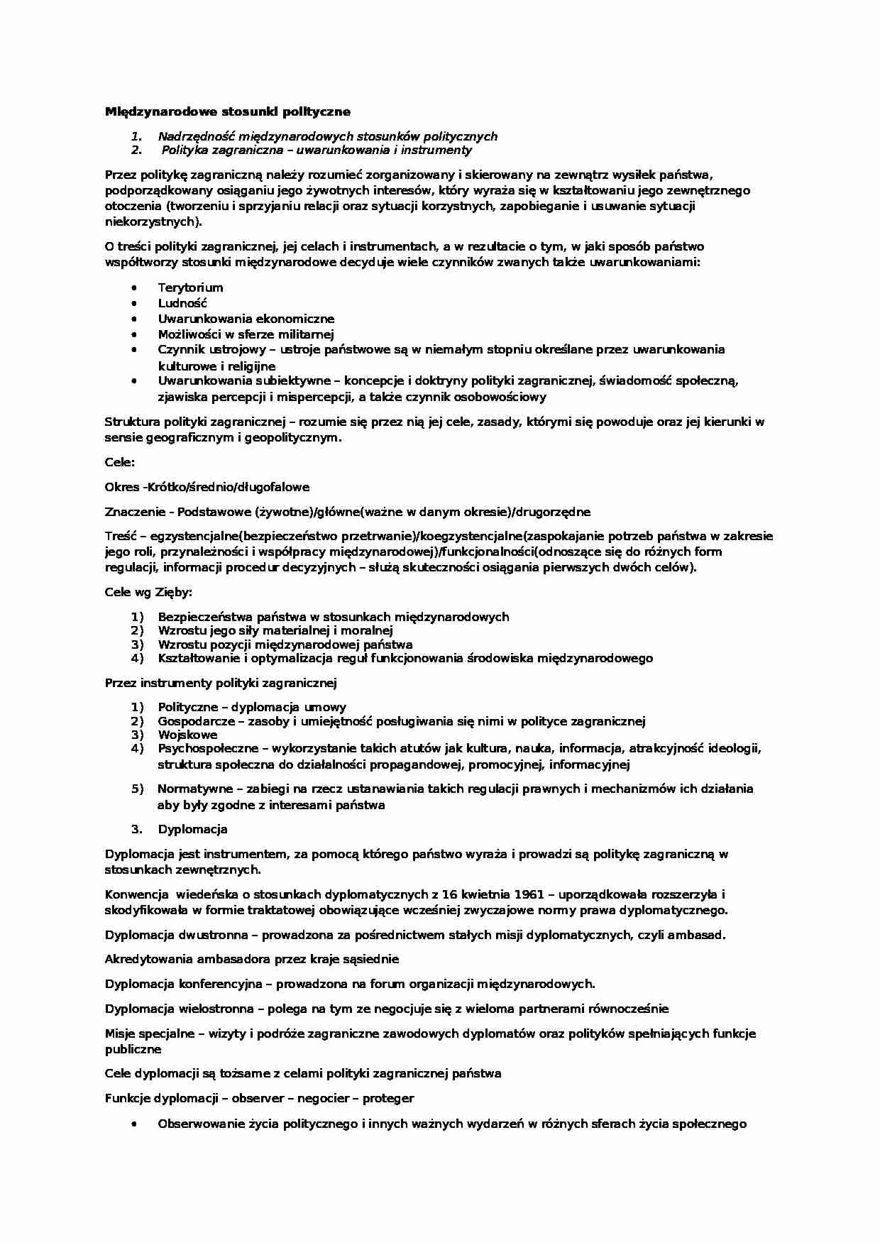 Międzynarodowe stosunki polityczne- opracowanie - strona 1