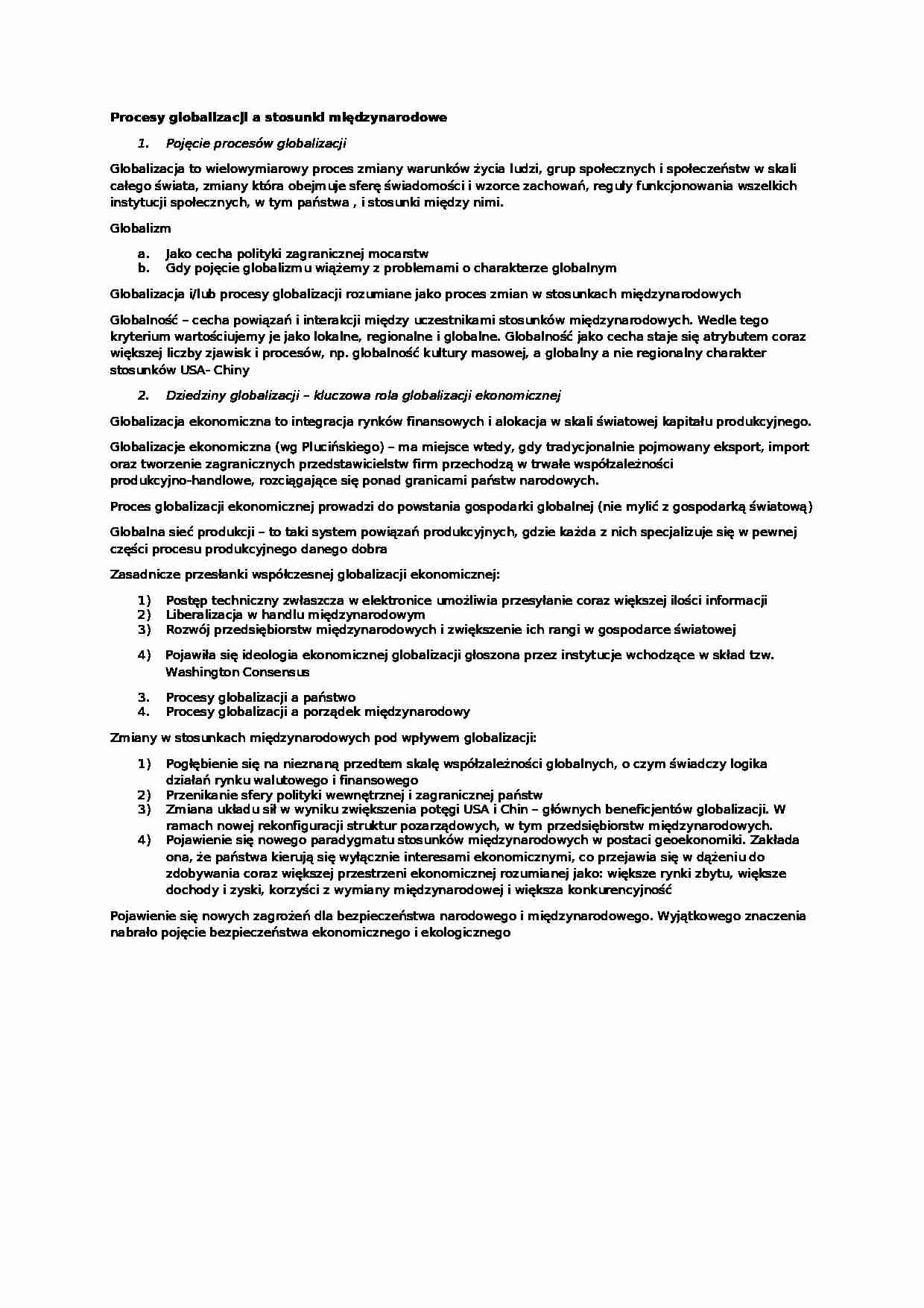 Procesy globalizacji a stosunki międzynarodowe- opracowanie - strona 1