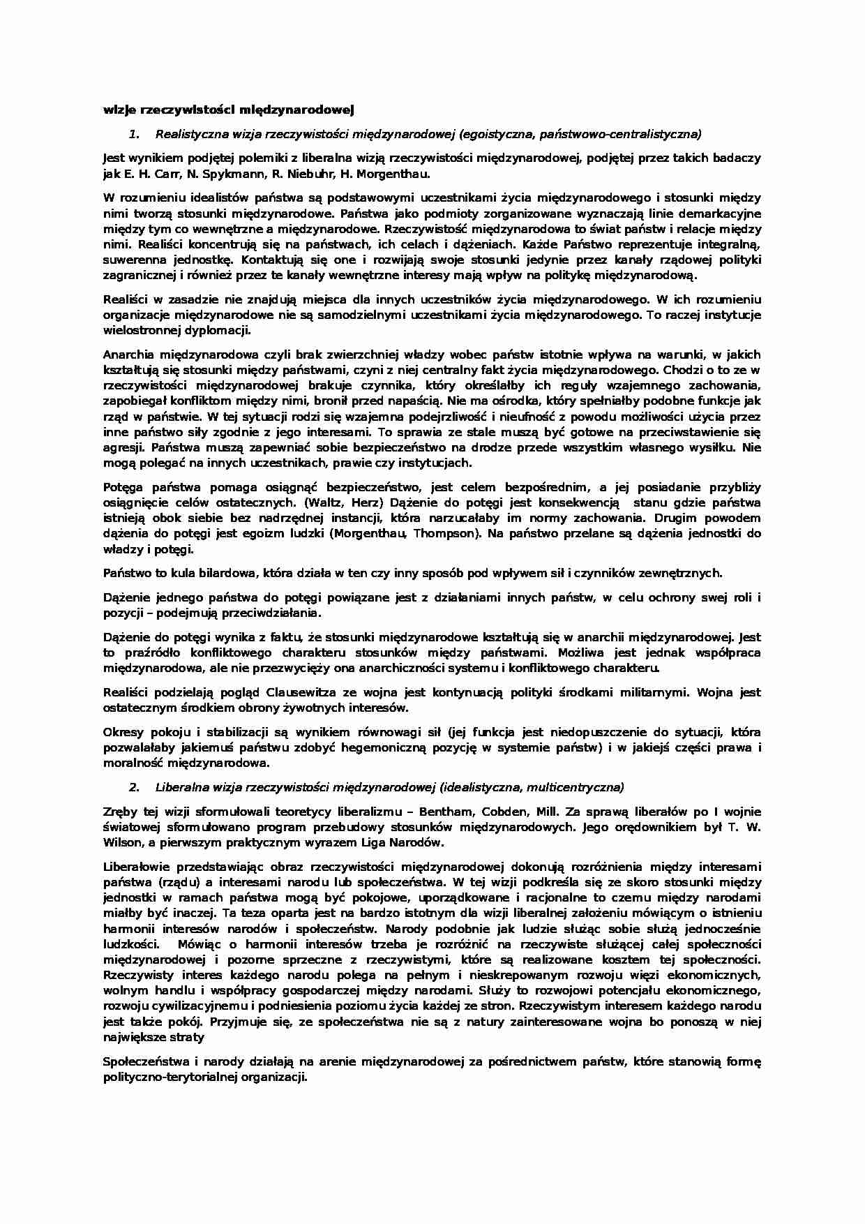 Wizje rzeczywistości międzynarodowej- opracowanie - strona 1