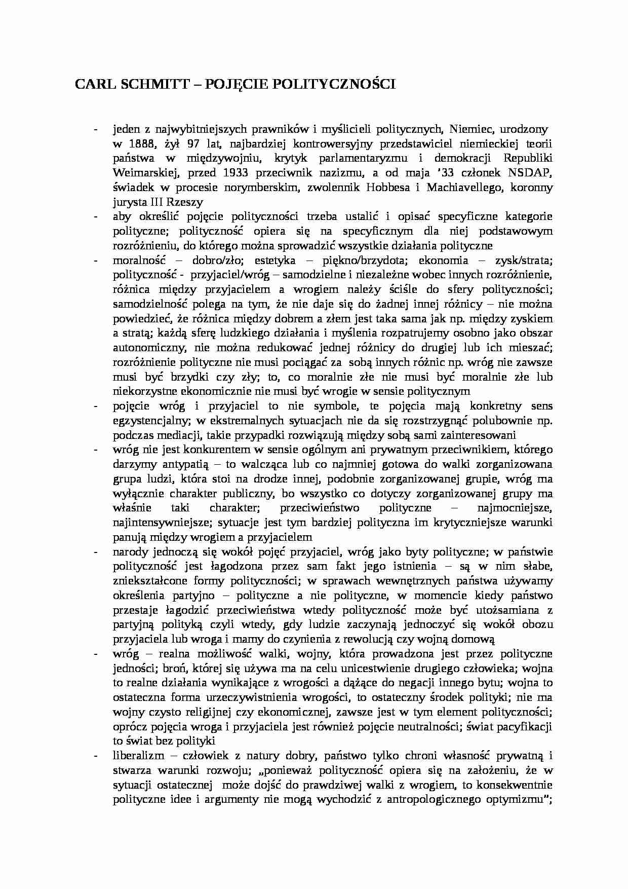 CARL SCHMITT- pojęcie politycznośći - strona 1