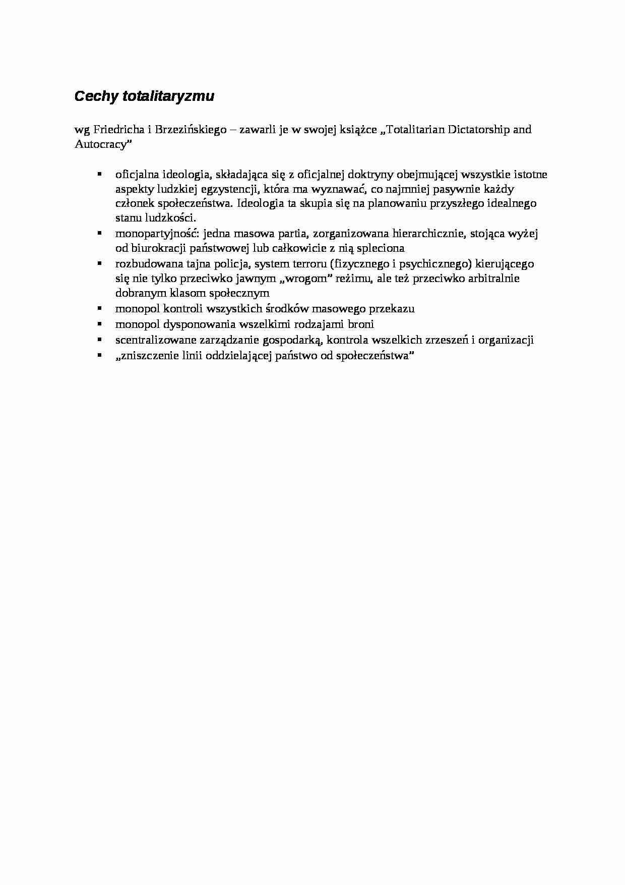 Cechy totalitaryzmu- opracowanie - strona 1