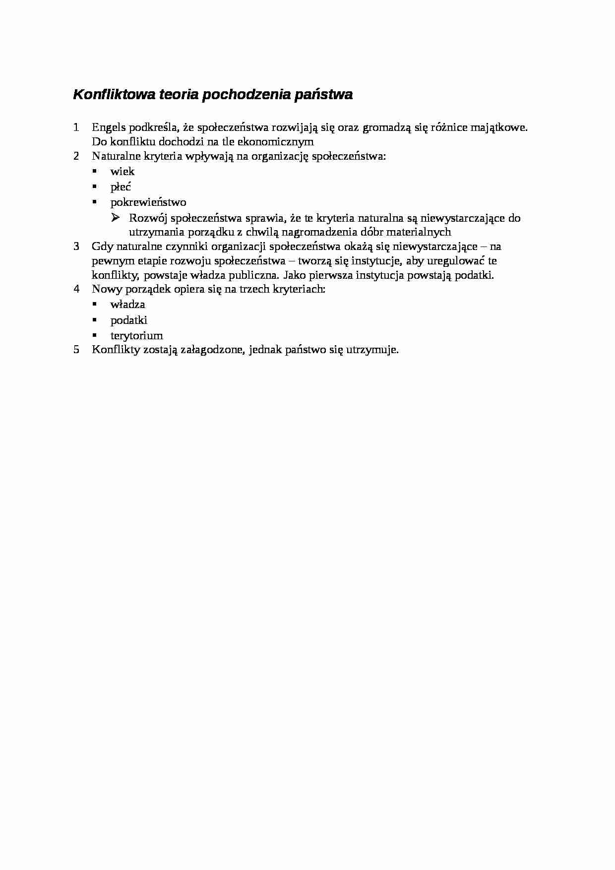 Konfliktowa teoria pochodzenia państwa- opracowanie - strona 1