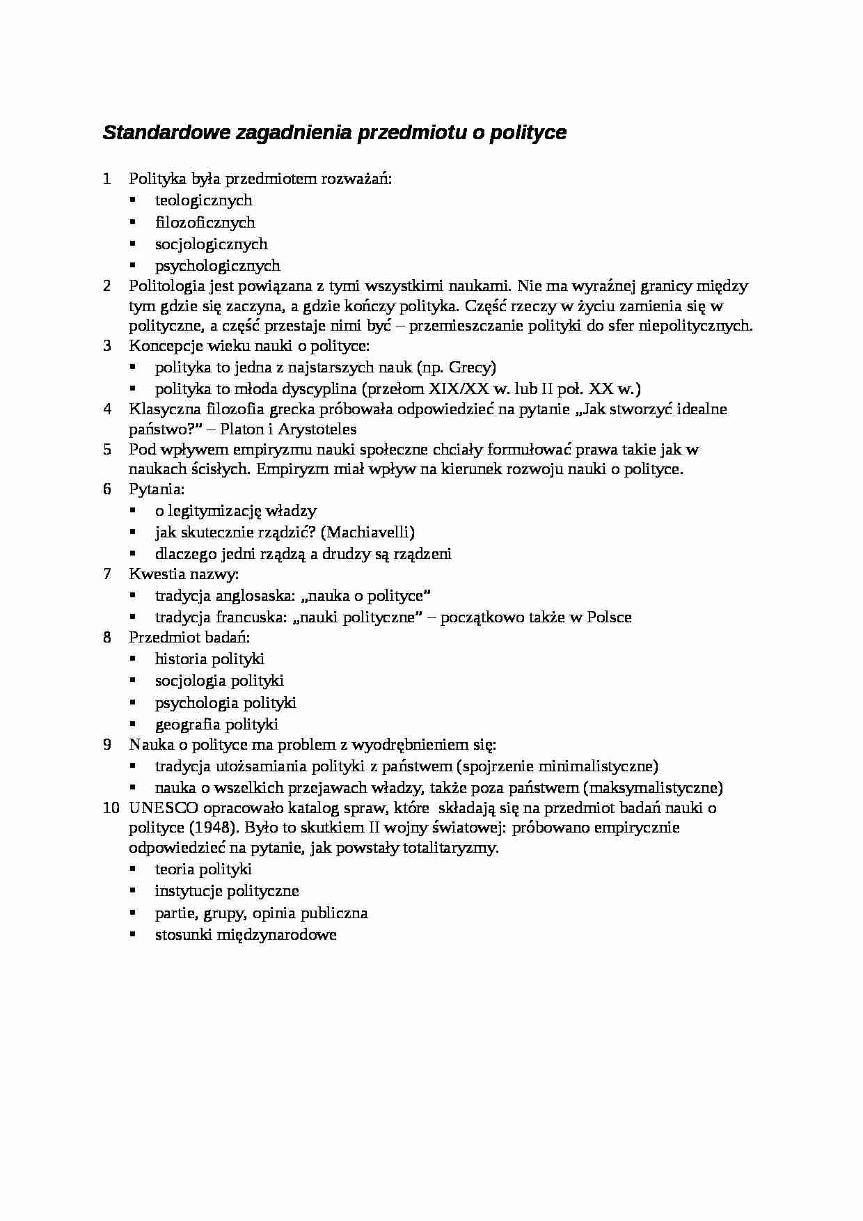 Standardowe zagadnienia przedmiotu o polityce- opracowanie - strona 1
