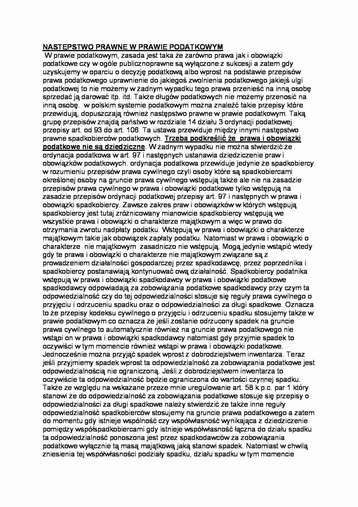 Następstwo prawne w prawie podatkowym- opracowanie - strona 1