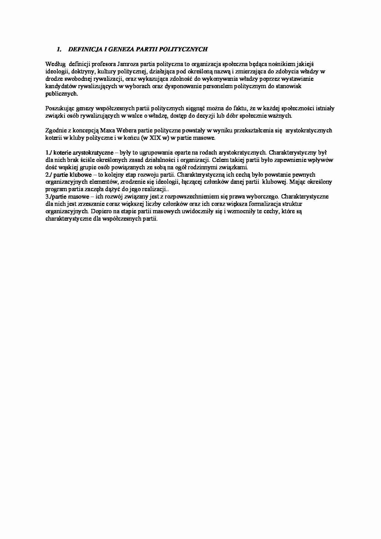 Definicje i geneza partii politycznych - omówienie - strona 1
