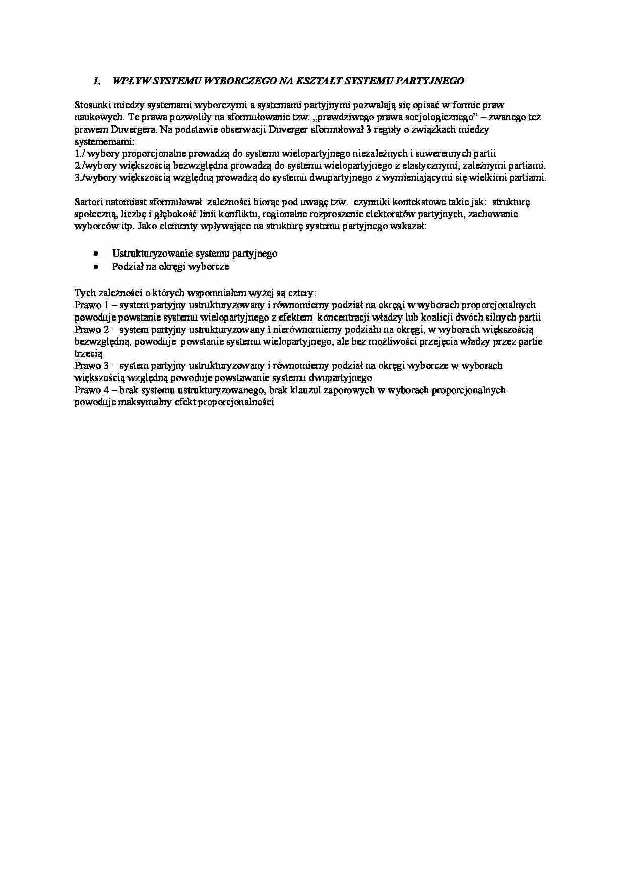Wpływ systemu wyborczego na kształt systemu partyjnego - omówienie - strona 1
