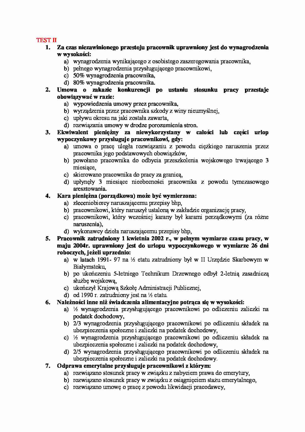 Prawo pracy - przykładowy test 4 - strona 1