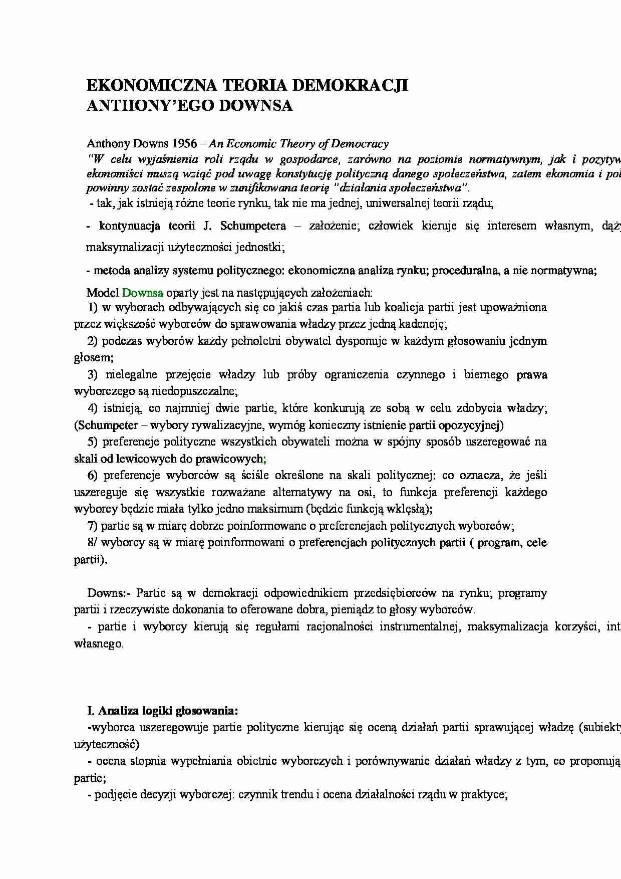 Ekonomiczna teoria demokracji Downsa - omówienie - strona 1