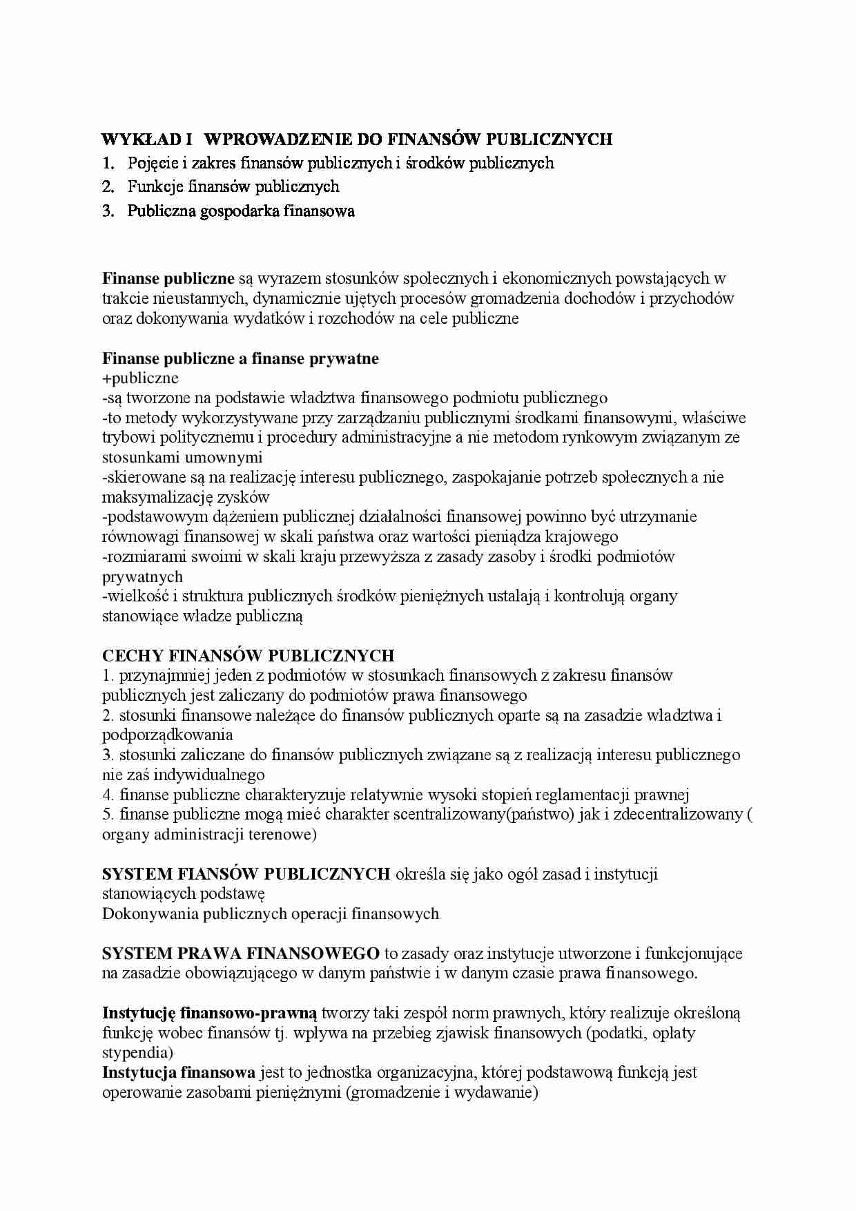 Wprowadzenie do finansów publicznych-opracowanie - strona 1