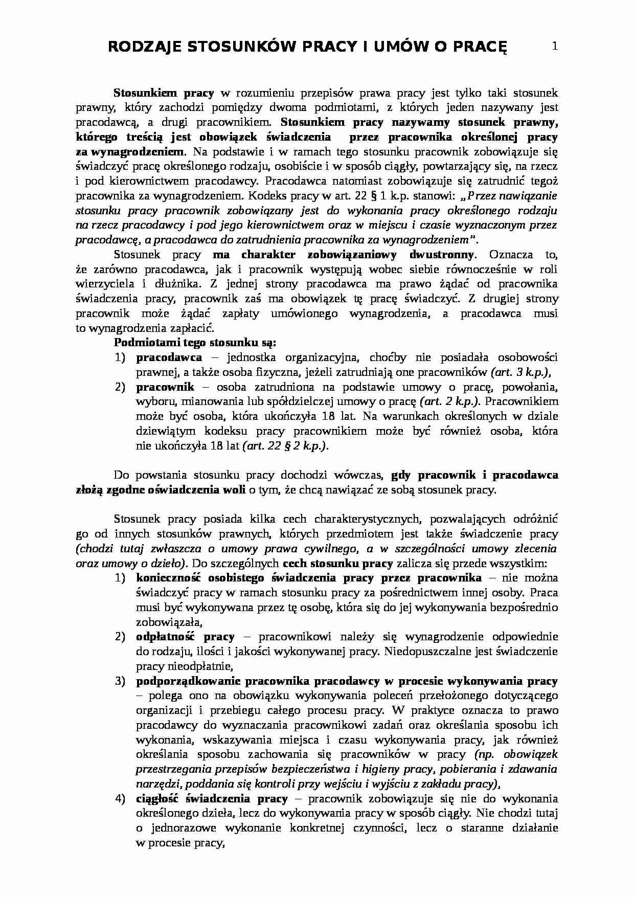 Rodzaje stosunków pracy i umów o pracę-opracowanie - strona 1