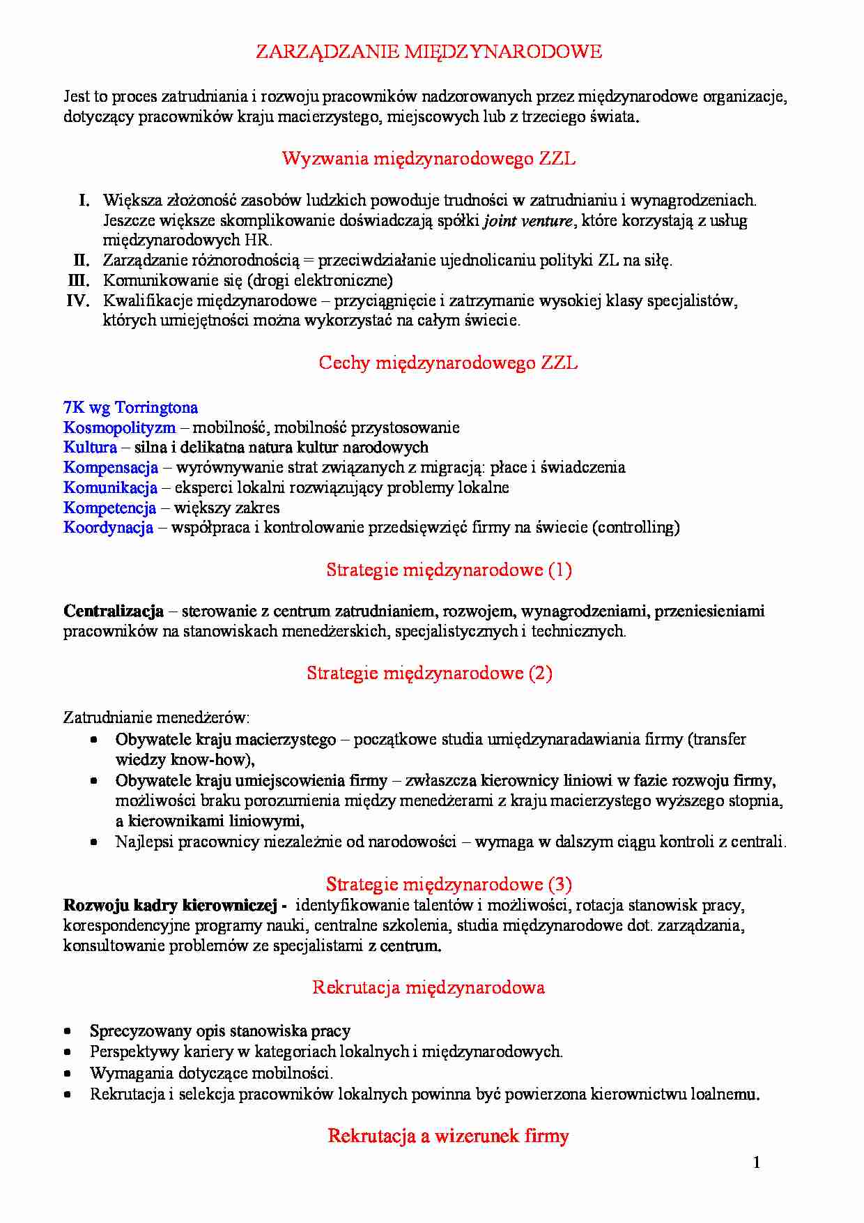 Zarządzanie międzynarodowe-opracowanie - strona 1