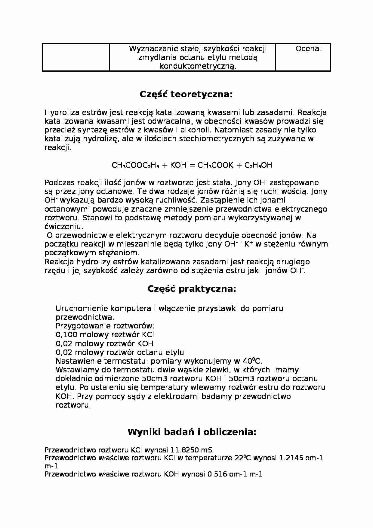Wyznaczanie stałej szybkości reakcji zmydlania octanu etylu metodą konduktometryczną - omówienie - strona 1