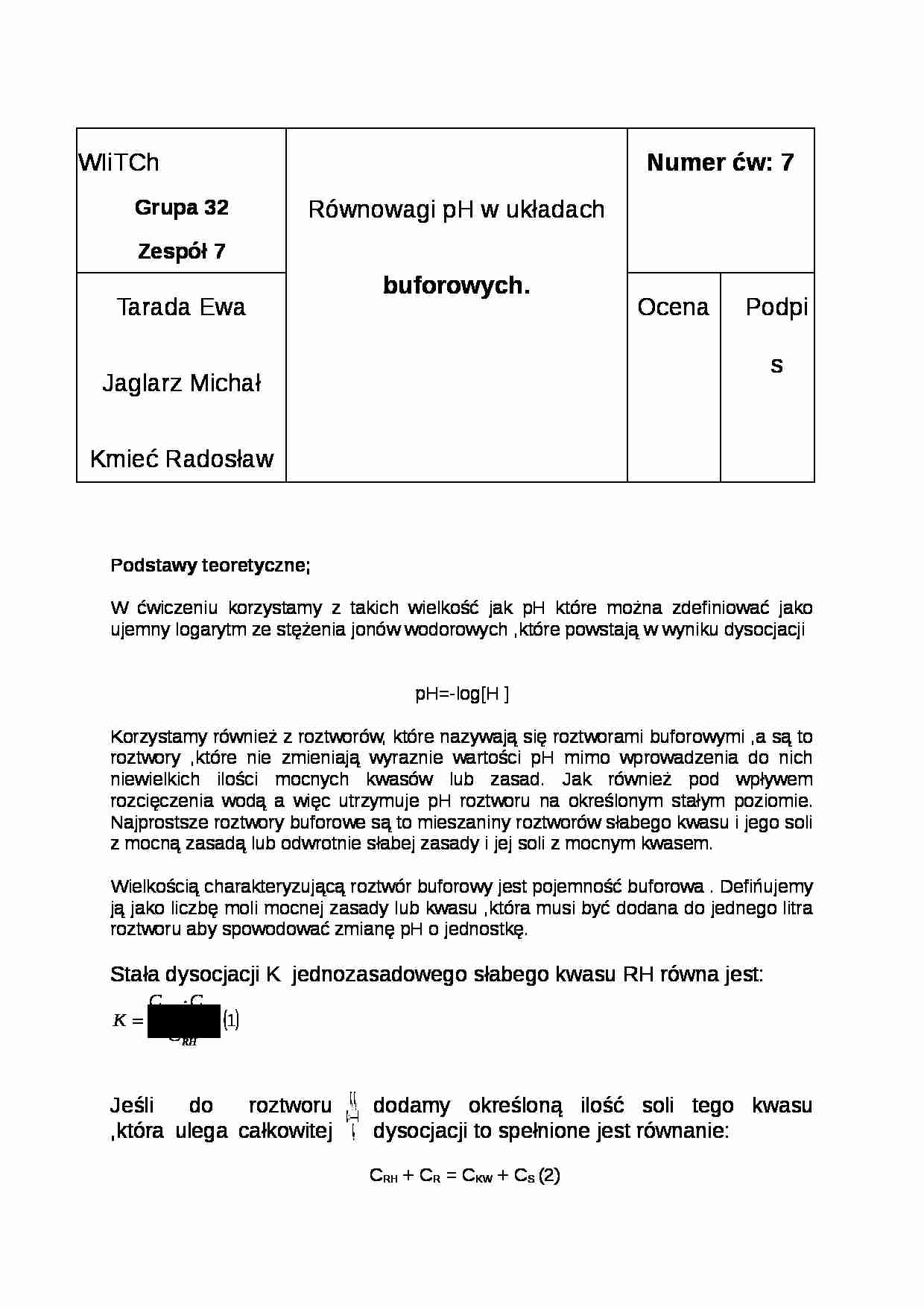 Równowagi pH w układach buforowych - ćwiczenia - strona 1