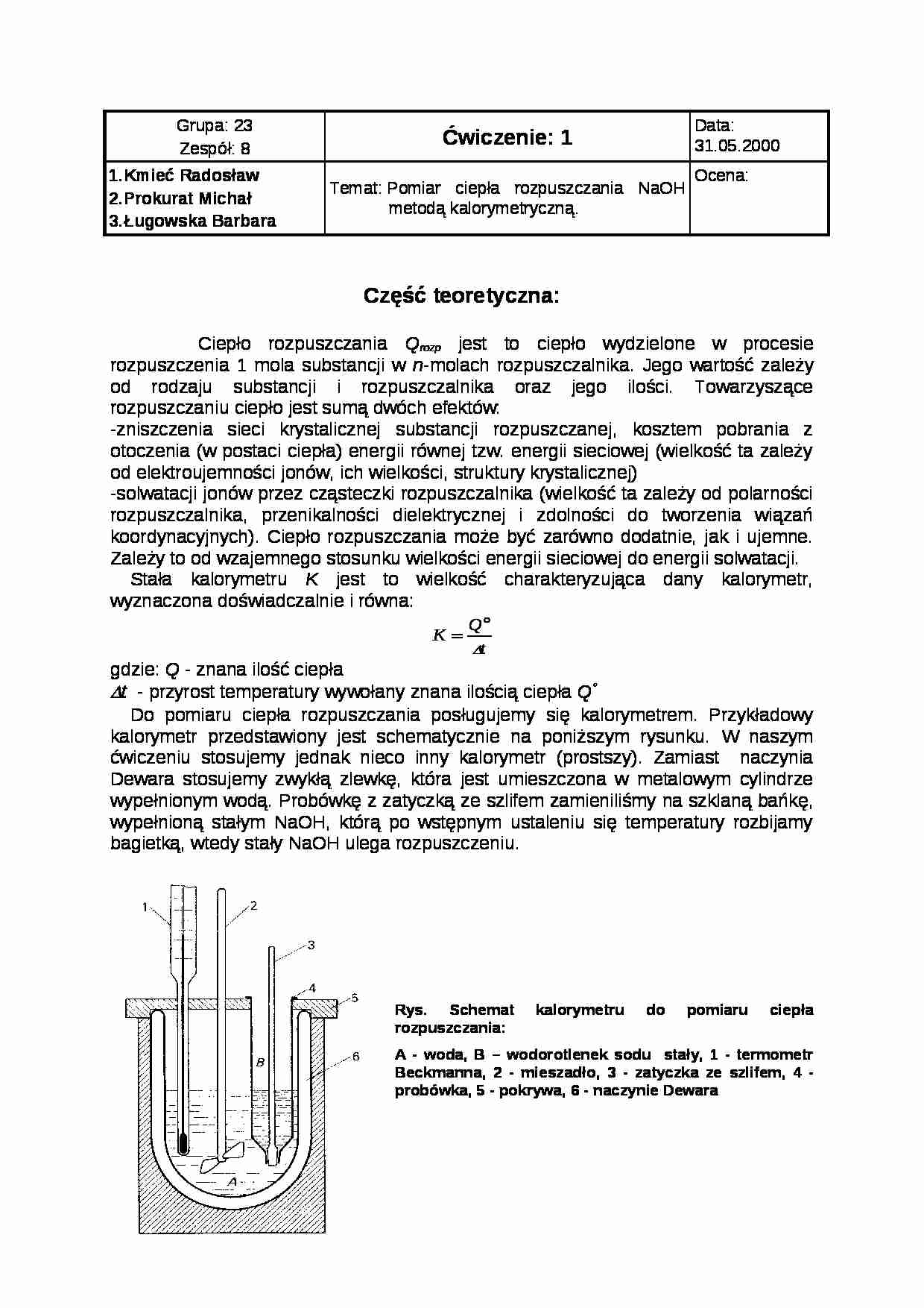  Pomiar ciepła rozpuszczania NaOH metodą kalorymetryczną  - omówienie - strona 1