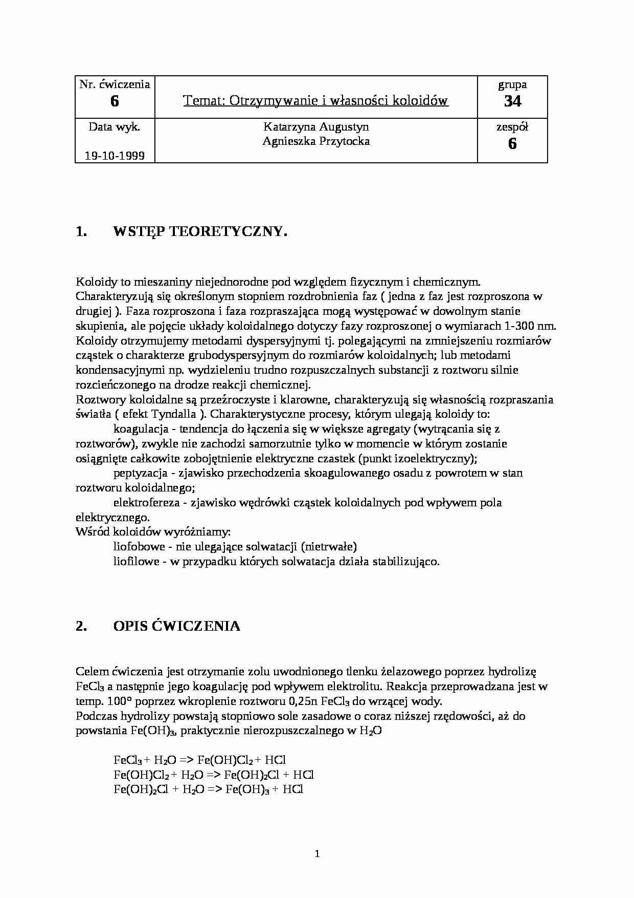  Otrzymywanie i własności koloidów - ćwiczenie - strona 1